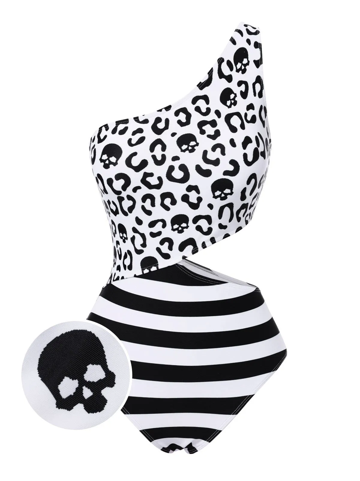 Black 1980s One-Shoulder Hollow Skull Stripe Swimsuit sold by Retro Stage