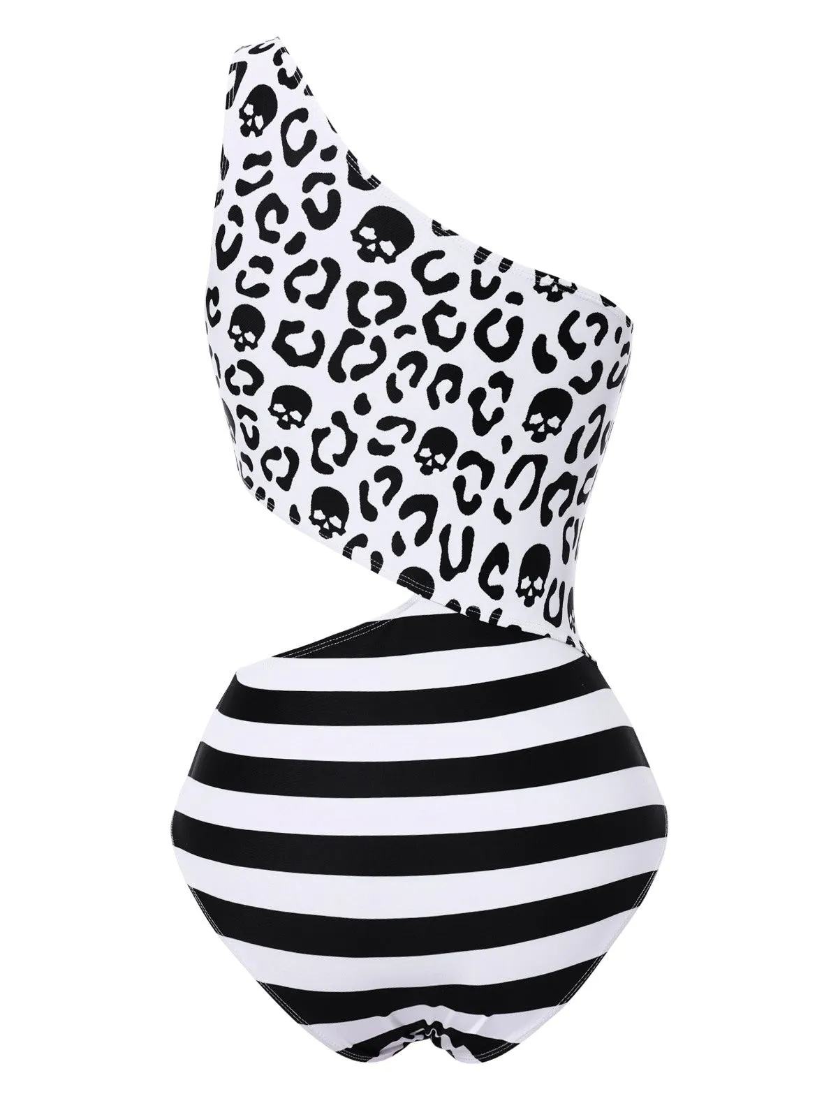 Black 1980s One-Shoulder Hollow Skull Stripe Swimsuit sold by Retro Stage product image thumbnail 4