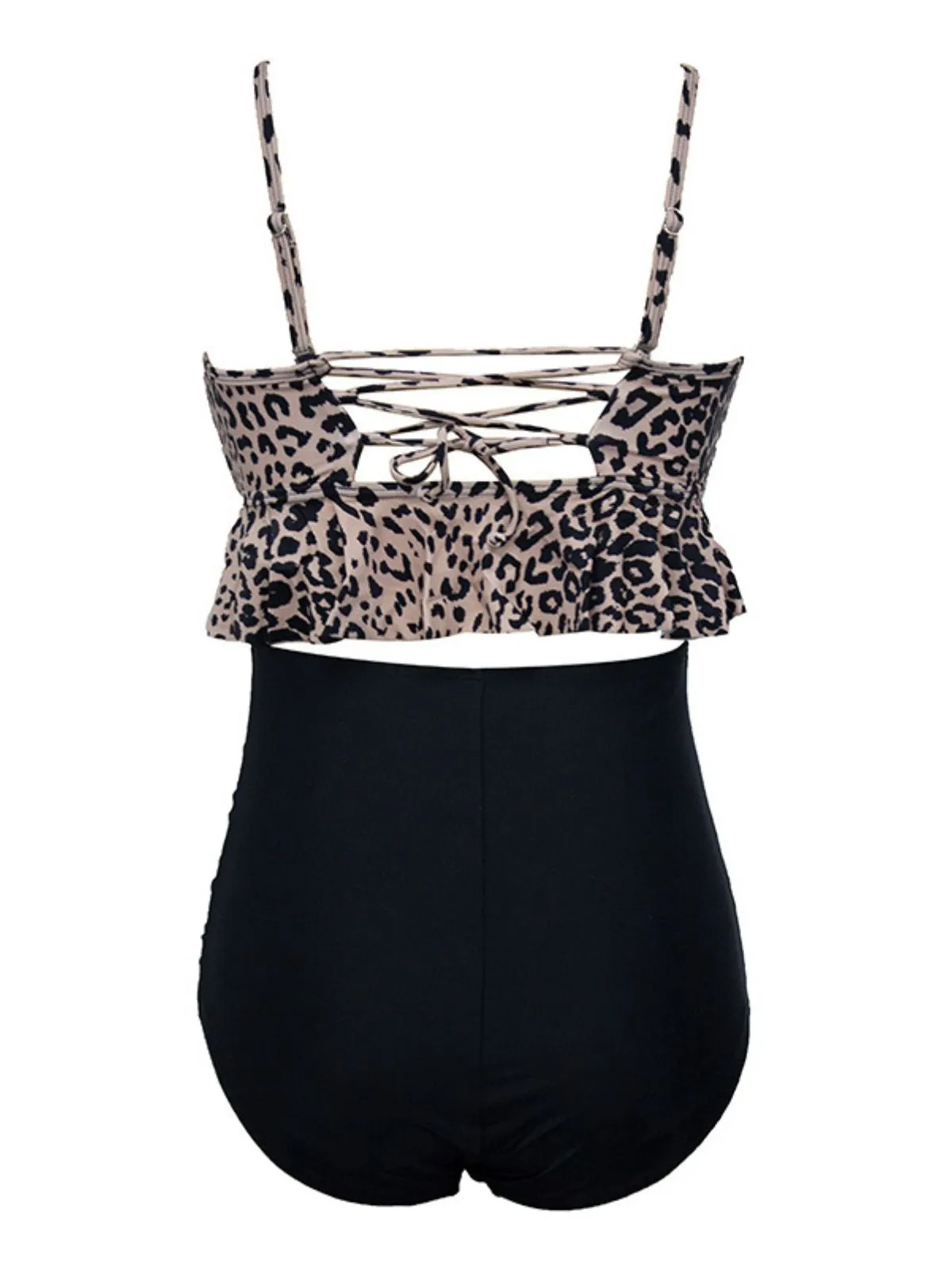 Black 1970s Tummy Control Leopard Ruffled Tankini Set sold by Retro Stage product image thumbnail 3