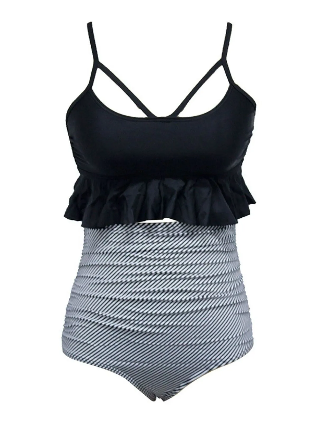 Black 1970s Tummy Control Leopard Ruffled Tankini Set sold by Retro Stage product image thumbnail 4