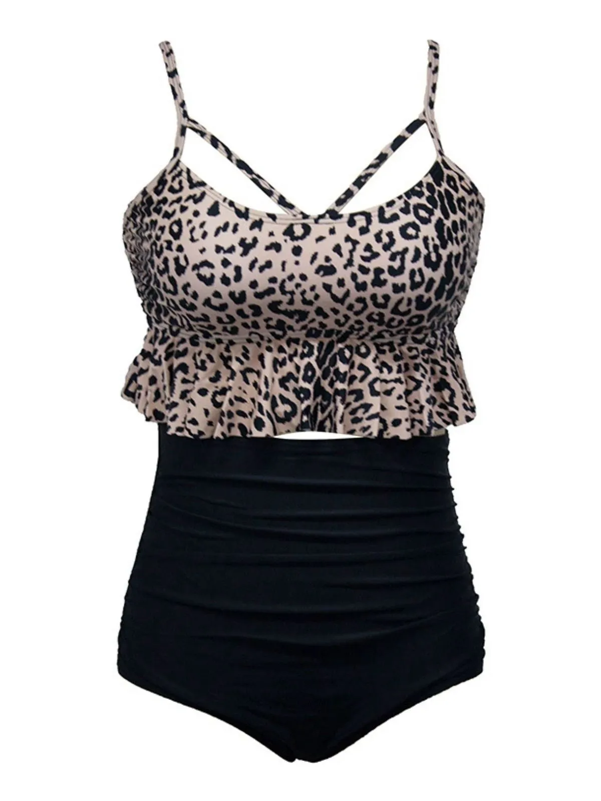 Black 1970s Tummy Control Leopard Ruffled Tankini Set sold by Retro Stage