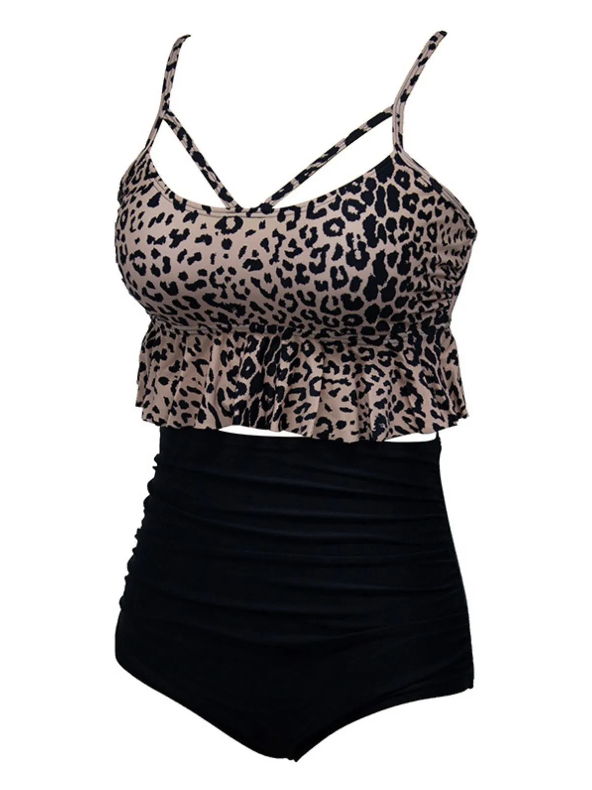 Black 1970s Tummy Control Leopard Ruffled Tankini Set sold by Retro Stage product image thumbnail 2
