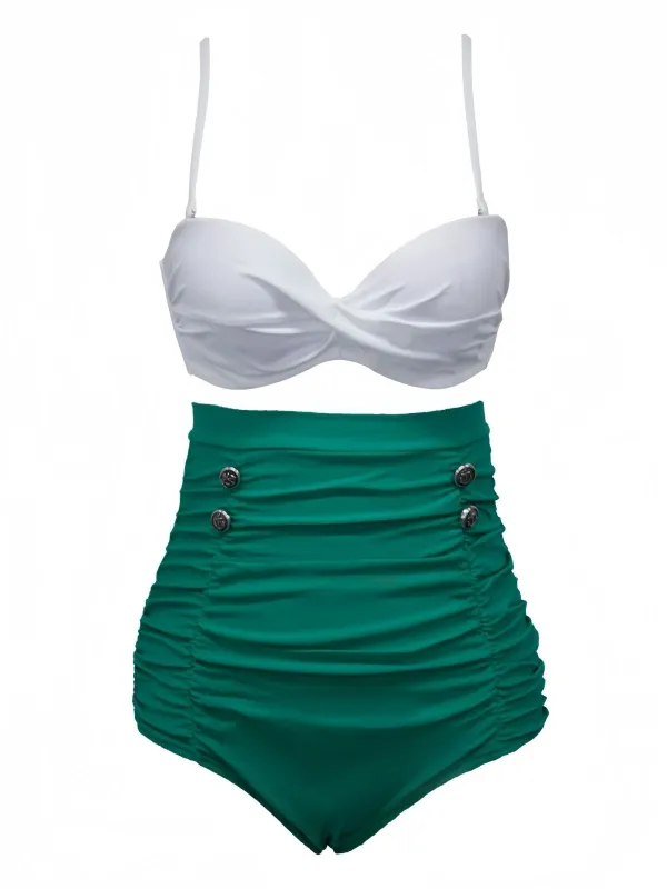 White & Green 1950s High-Waist Ruched Bikini Set sold by Retro Stage