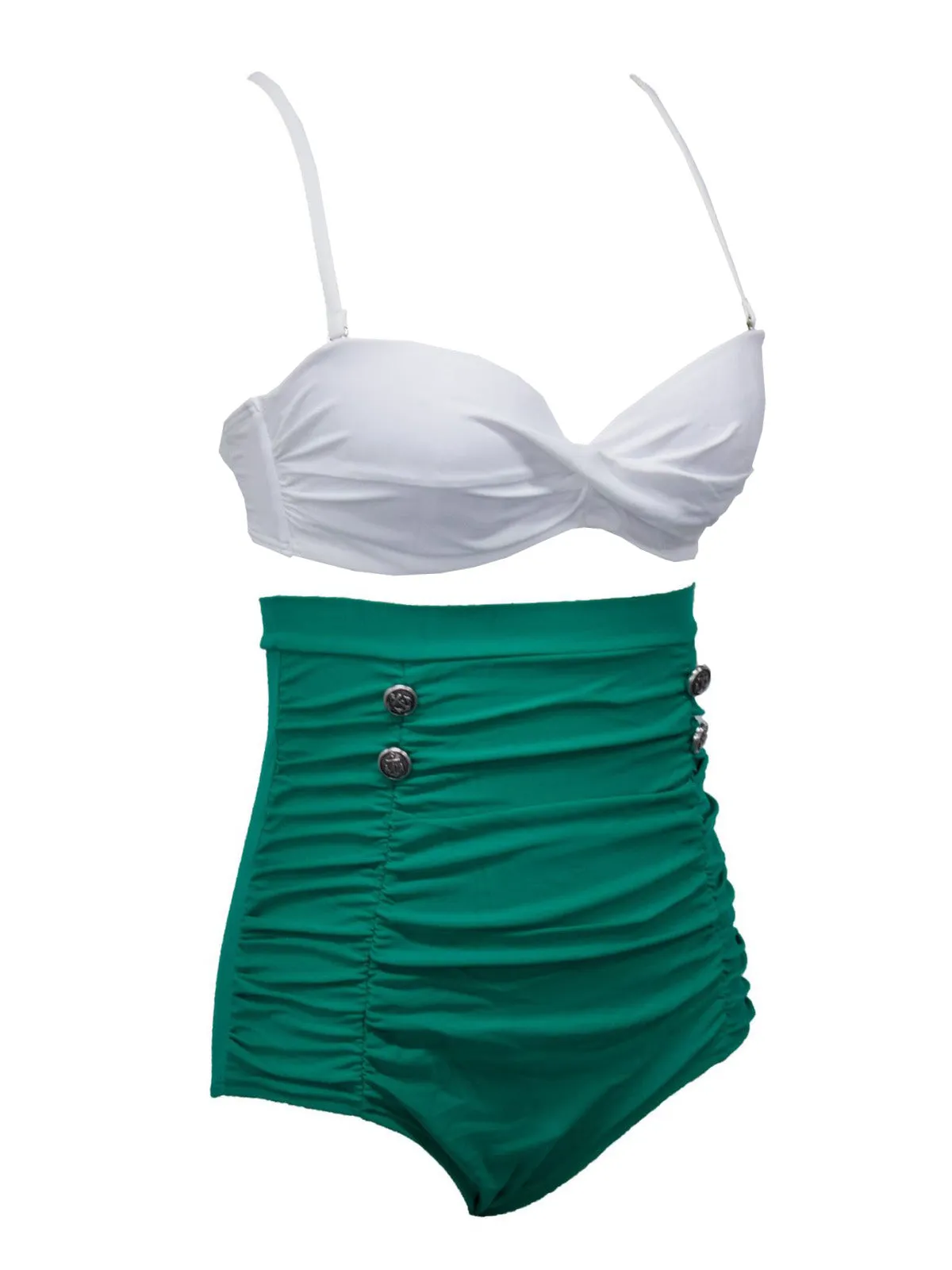 White & Green 1950s High-Waist Ruched Bikini Set sold by Retro Stage product image thumbnail 2