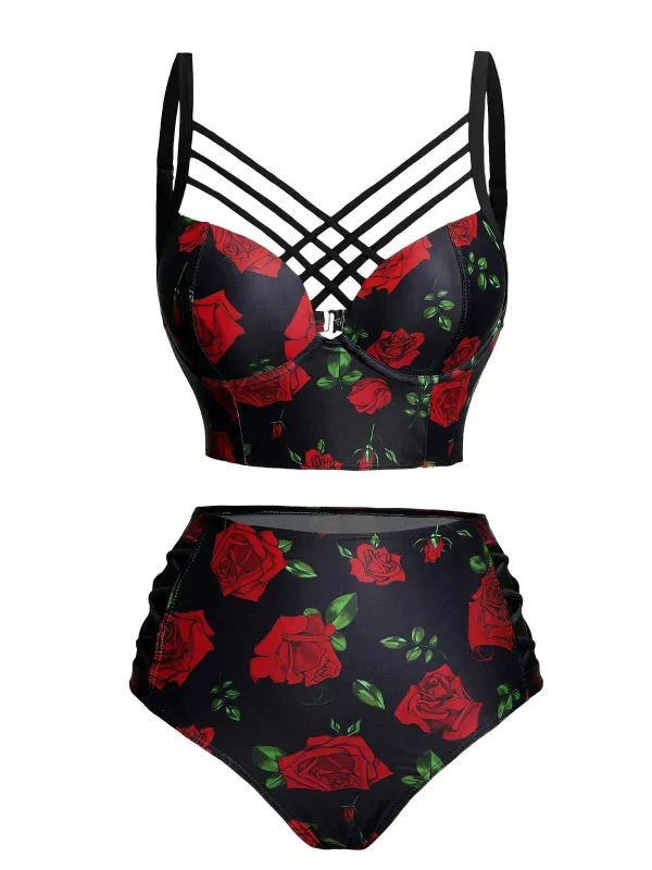 Black 1980s Strap Roses Gothic Bikini Set sold by Retro Stage