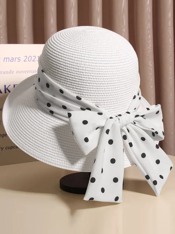 Polka Dot Ribbon Bow Tie Straw Hat sold by Retro Stage