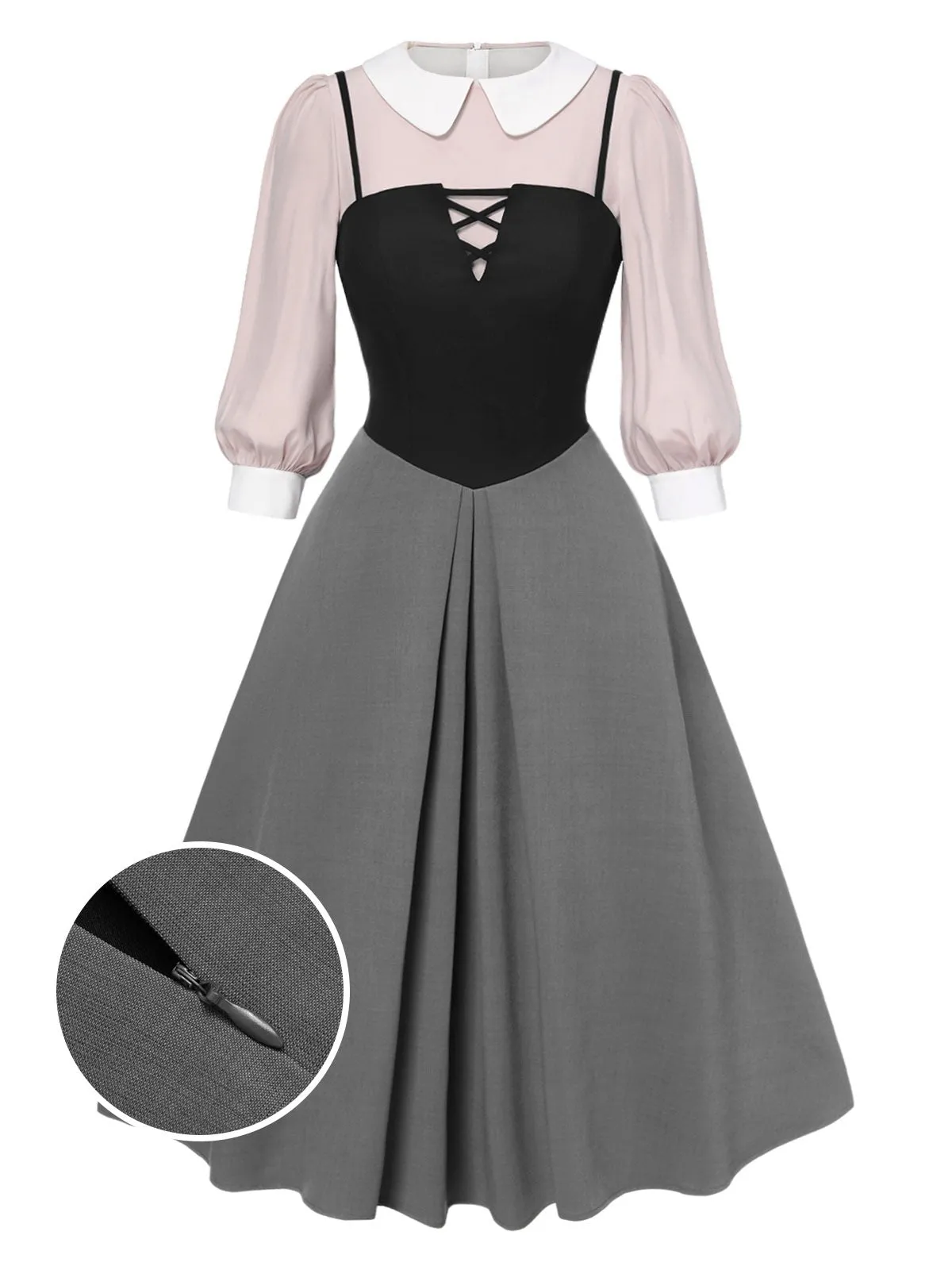 2PCS 1940s Colorblock Pink Blouse & Gray Dress sold by Retro Stage product image thumbnail 2