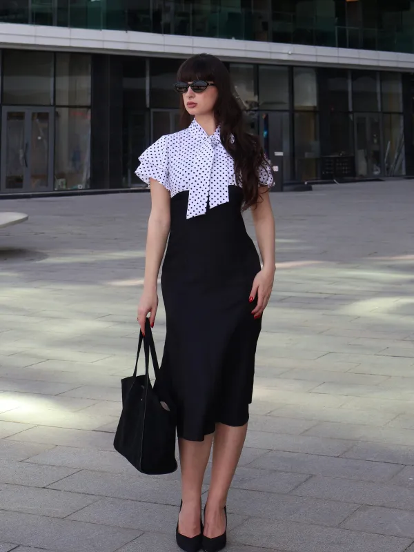 Black 1930s Dots Tie Neck Mermaid Dress sold by Retro Stage