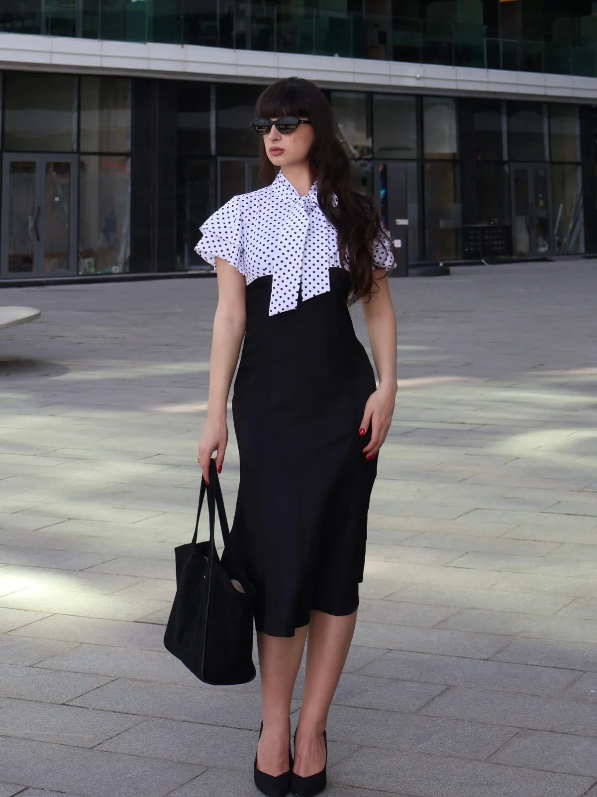 Black 1930s Dots Tie Neck Mermaid Dress sold by Retro Stage