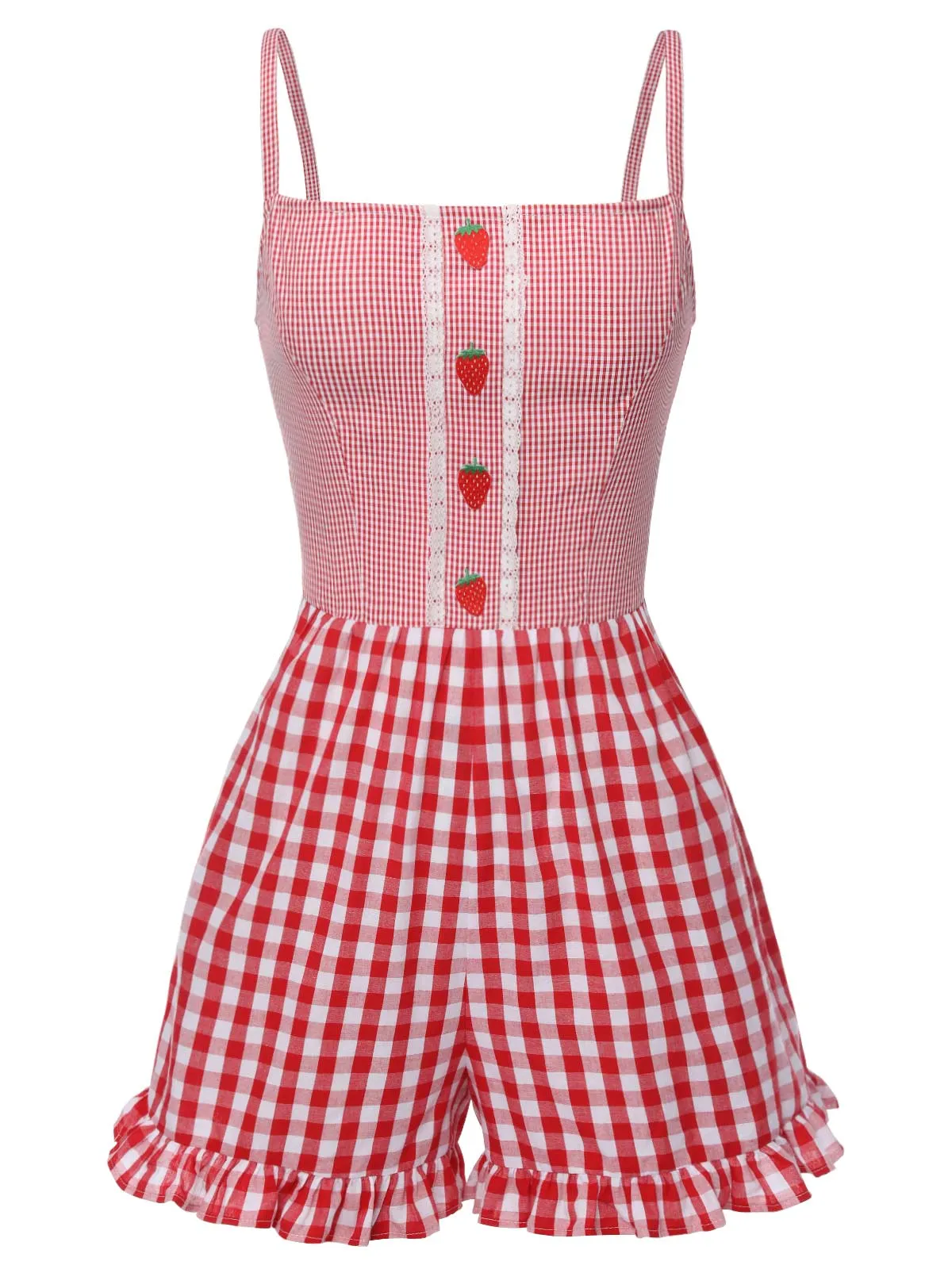 Red 1950s Strawberry Plaid Suspender Romper sold by Retro Stage product image thumbnail 3