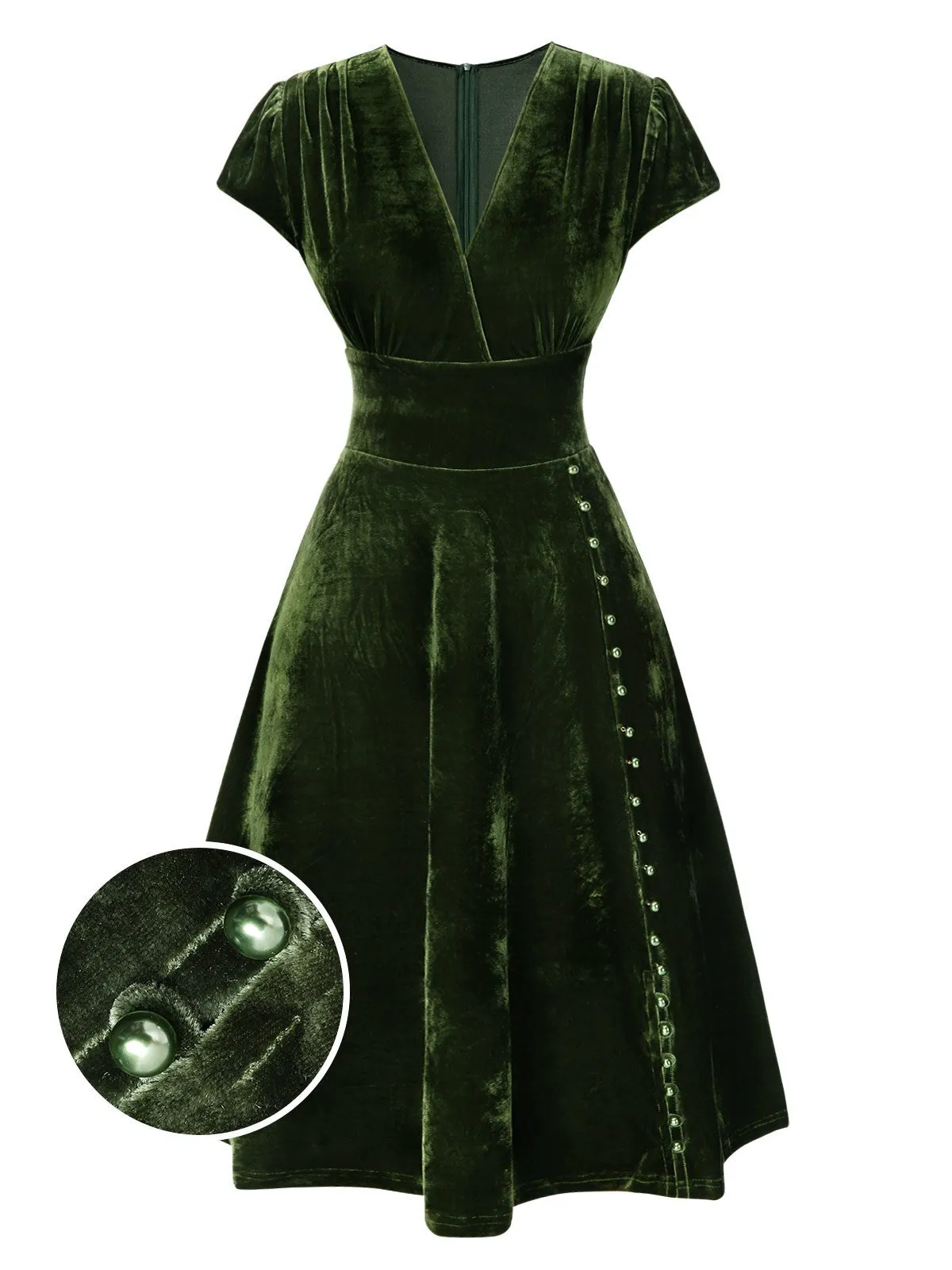 Green 1940s Deep V-Neck Pearl Velvet Dress sold by Retro Stage product image thumbnail 3