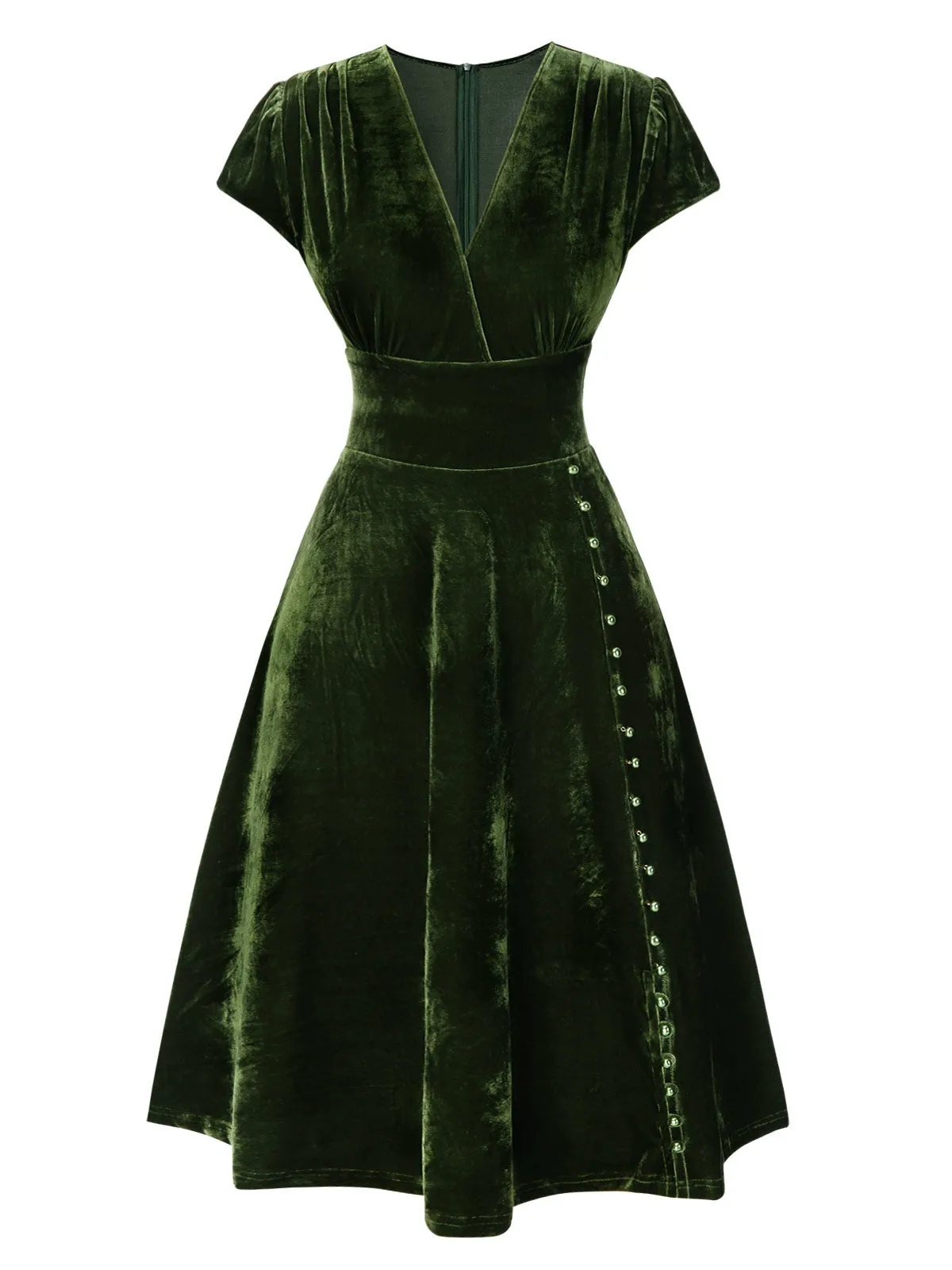 Green 1940s Deep V-Neck Pearl Velvet Dress sold by Retro Stage product image thumbnail 4