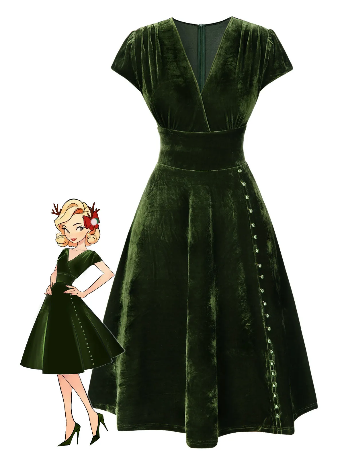 Green 1940s Deep V-Neck Pearl Velvet Dress sold by Retro Stage product image thumbnail 2
