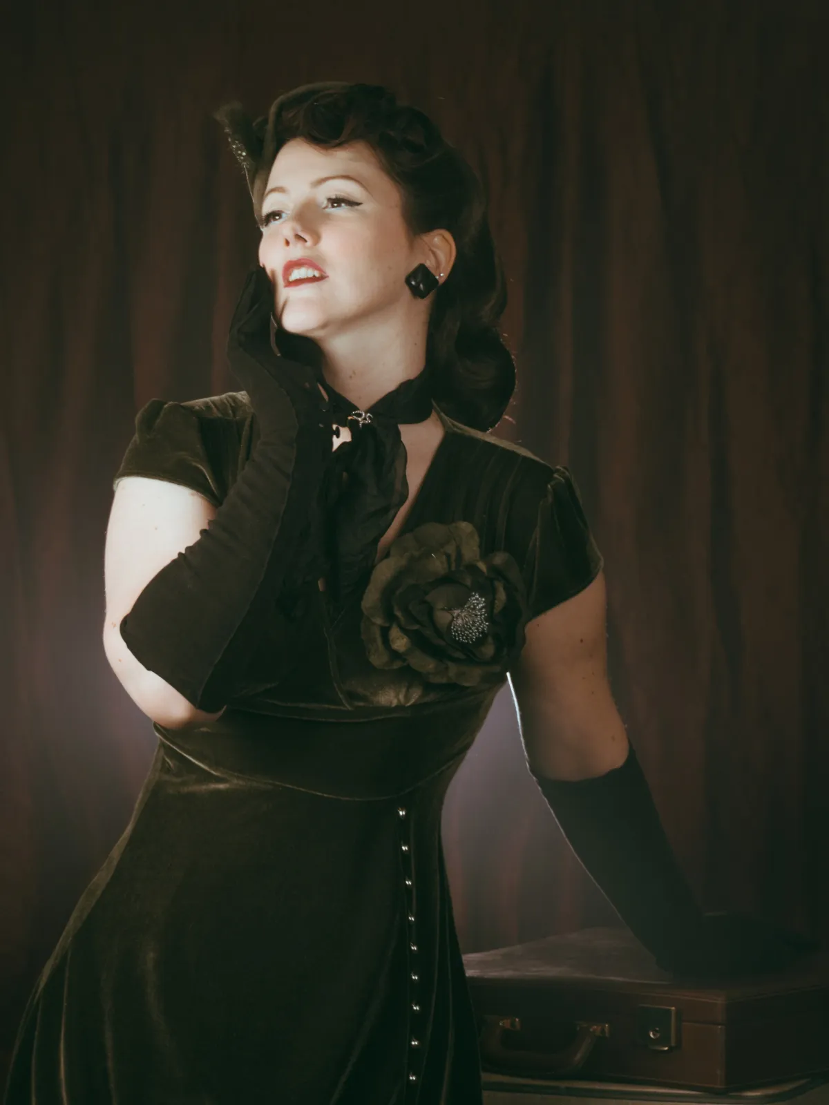 Green 1940s Deep V-Neck Pearl Velvet Dress sold by Retro Stage