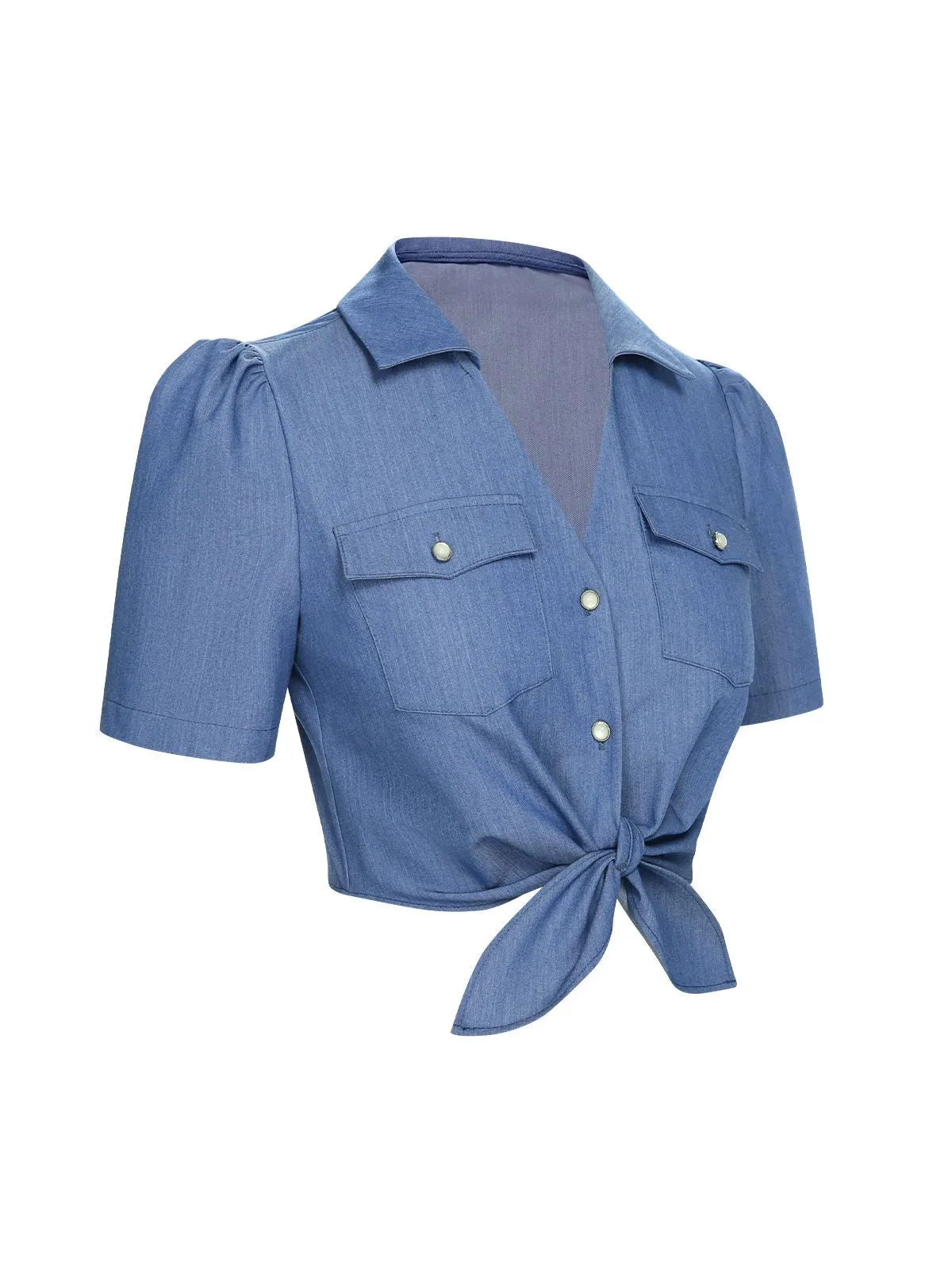 Blue 1950s Solid Waist Tie Lapel Blouse sold by Retro Stage product image thumbnail 4