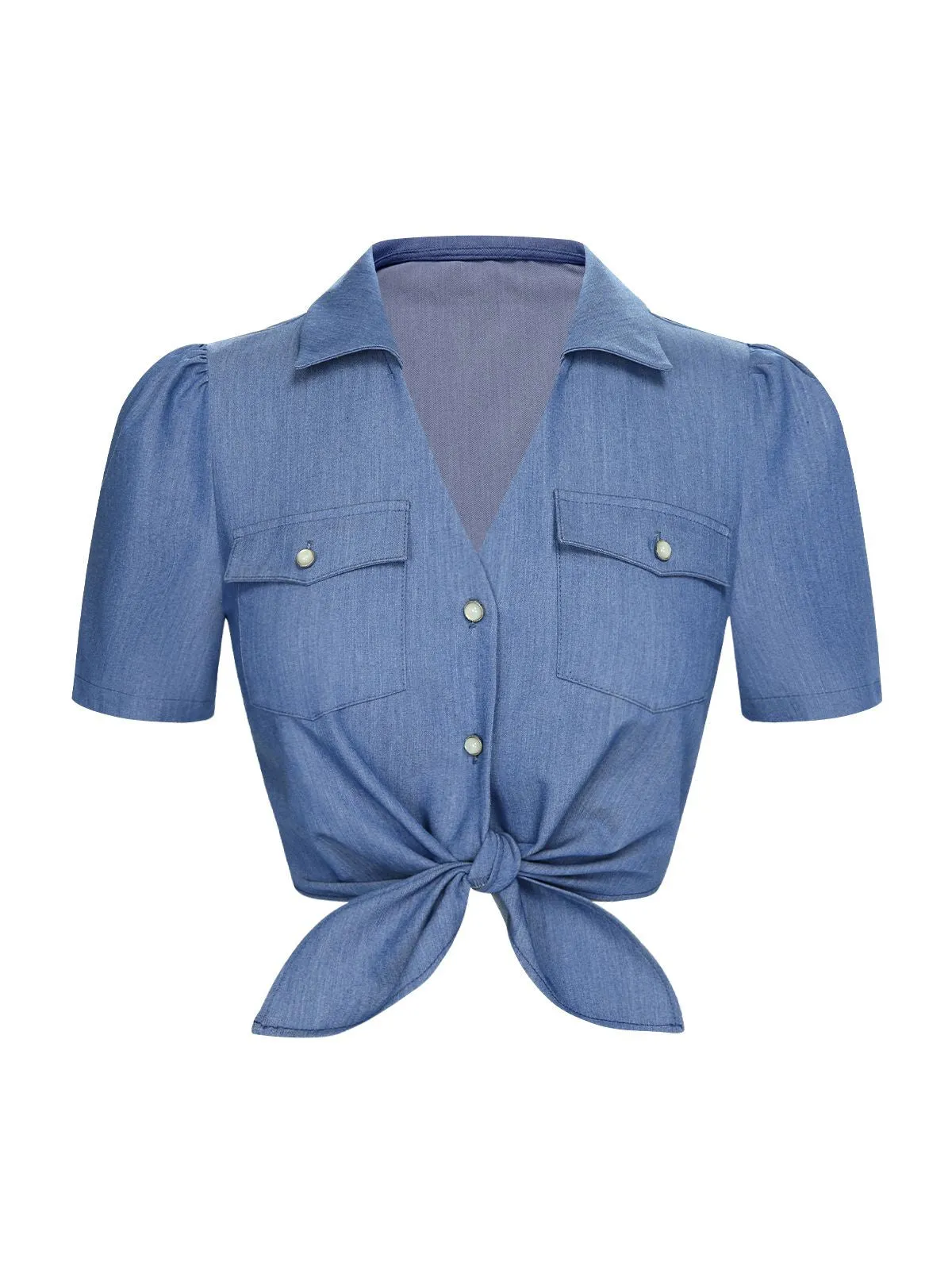 Blue 1950s Solid Waist Tie Lapel Blouse sold by Retro Stage product image thumbnail 3
