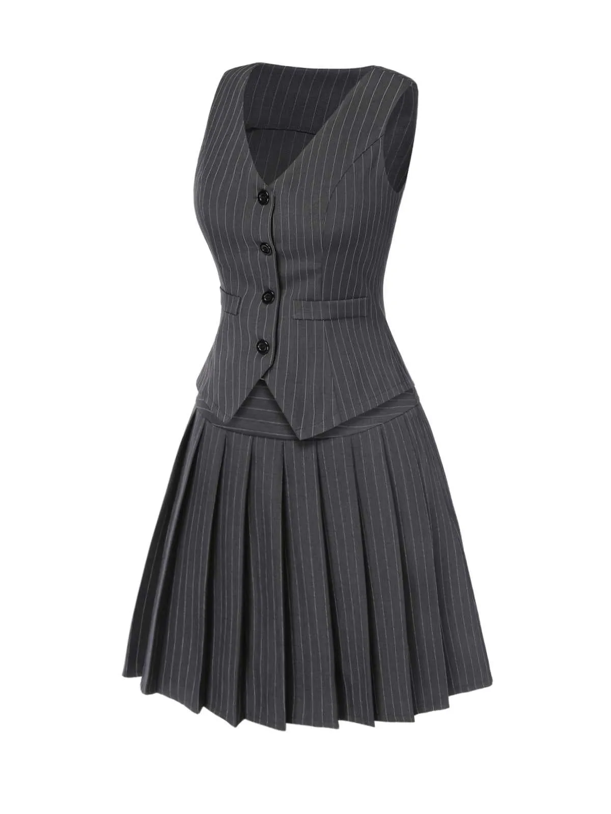 2PCS Dark Gray 1960s Pinstripes Top & Pleated Skirt sold by Retro Stage product image thumbnail 5