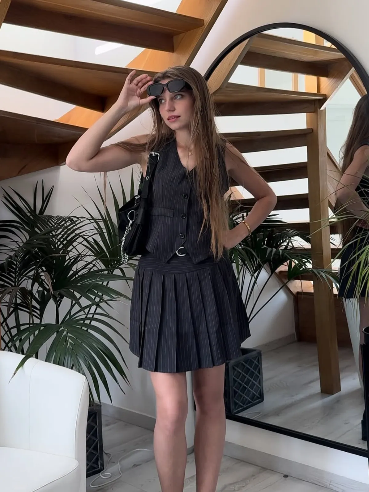 2PCS Dark Gray 1960s Pinstripes Top & Pleated Skirt sold by Retro Stage