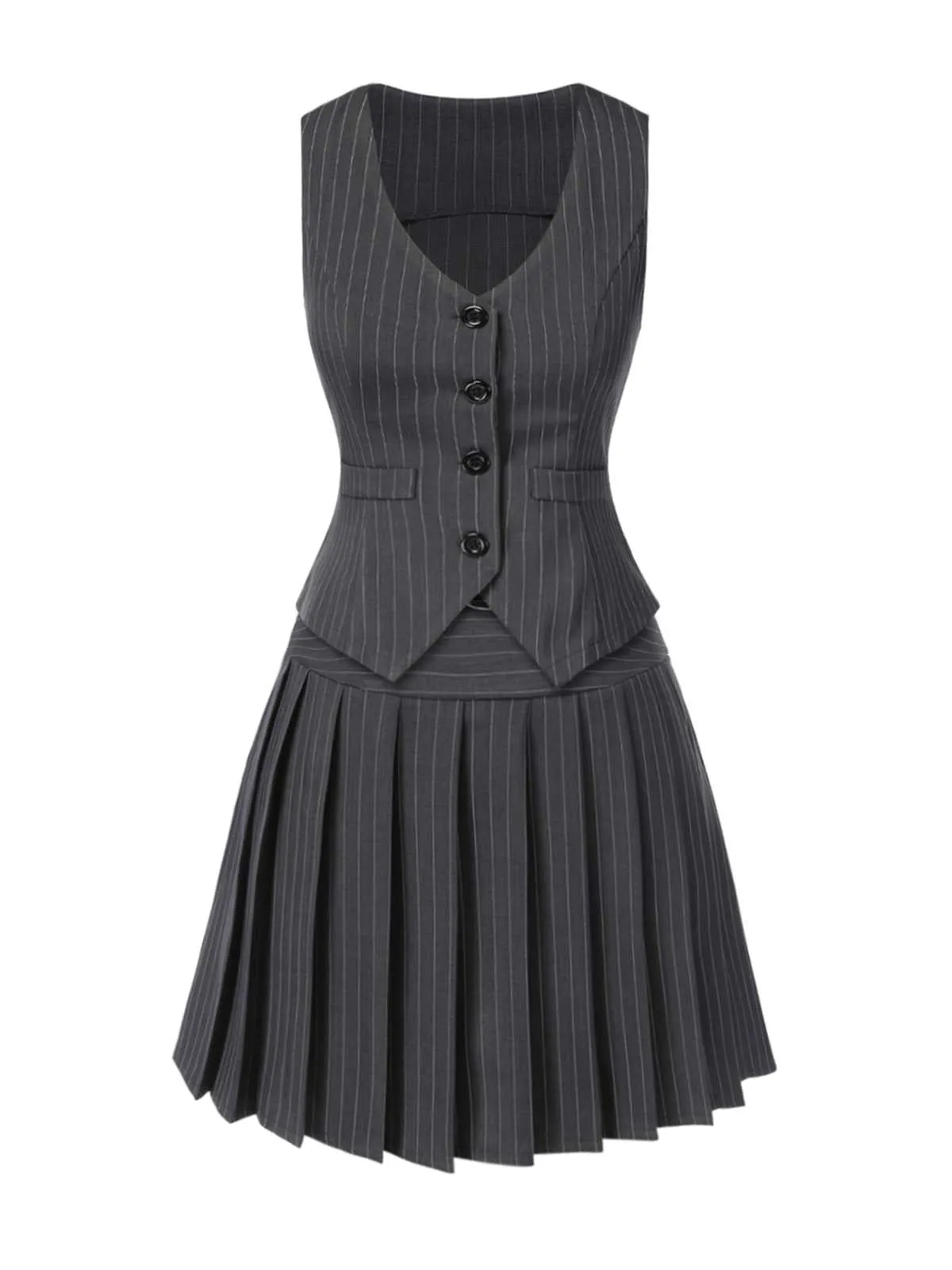 2PCS Dark Gray 1960s Pinstripes Top & Pleated Skirt sold by Retro Stage product image thumbnail 4