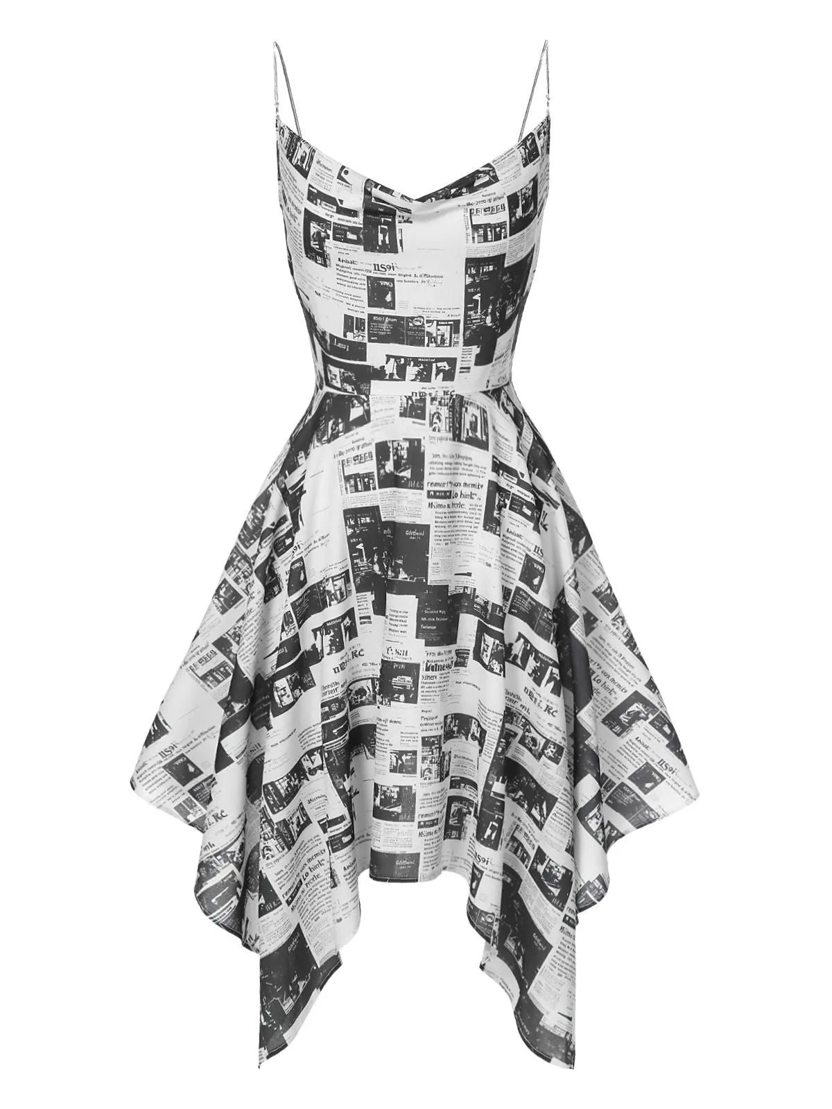 Gray 1970s Spaghetti Straps Cowl Neck Newspaper Dress sold by Retro Stage product image thumbnail 3
