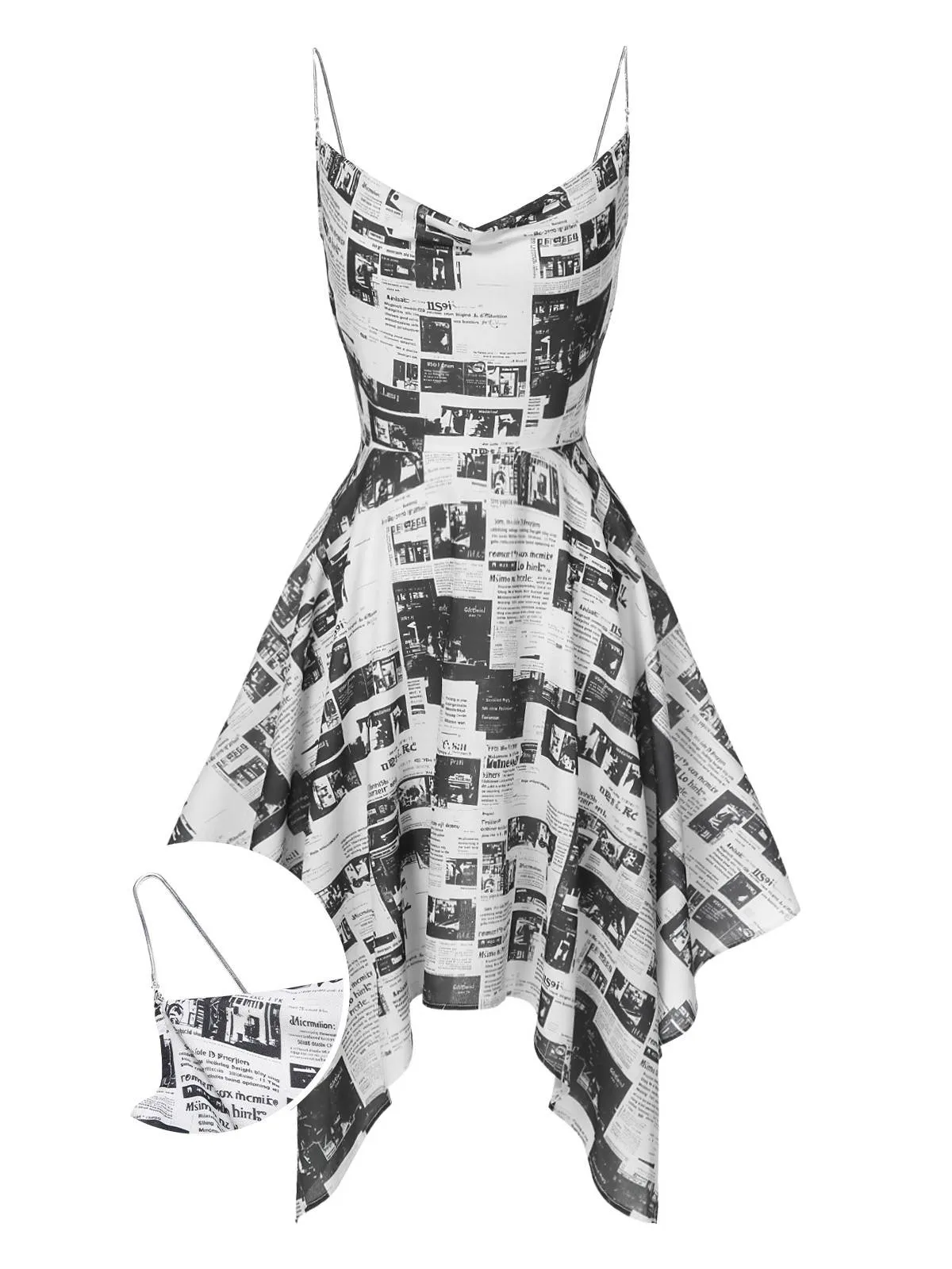 Gray 1970s Spaghetti Straps Cowl Neck Newspaper Dress sold by Retro Stage product image thumbnail 2