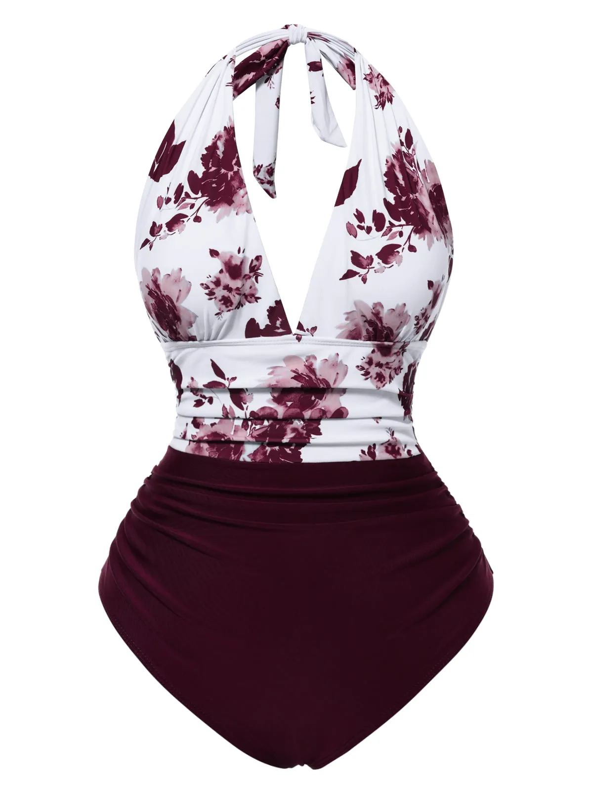 Green 1940s Halter Floral Ruched One-piece Swimsuit sold by Retro Stage product image thumbnail 3