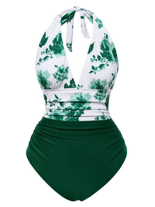 Green 1940s Halter Floral Ruched One-piece Swimsuit sold by Retro Stage