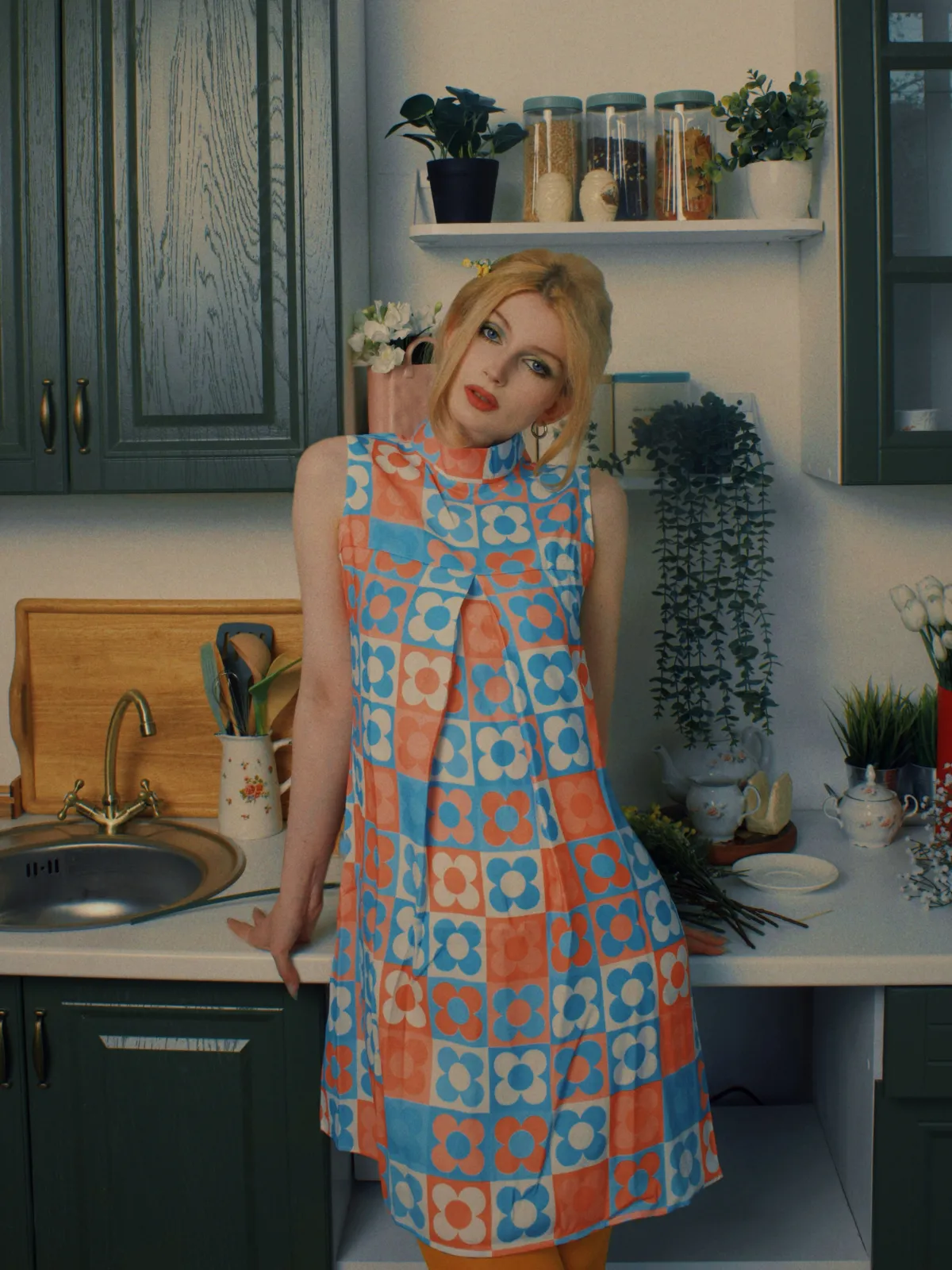 Orange & Blue 1960s Floral Stand Collar Dress sold by Retro Stage