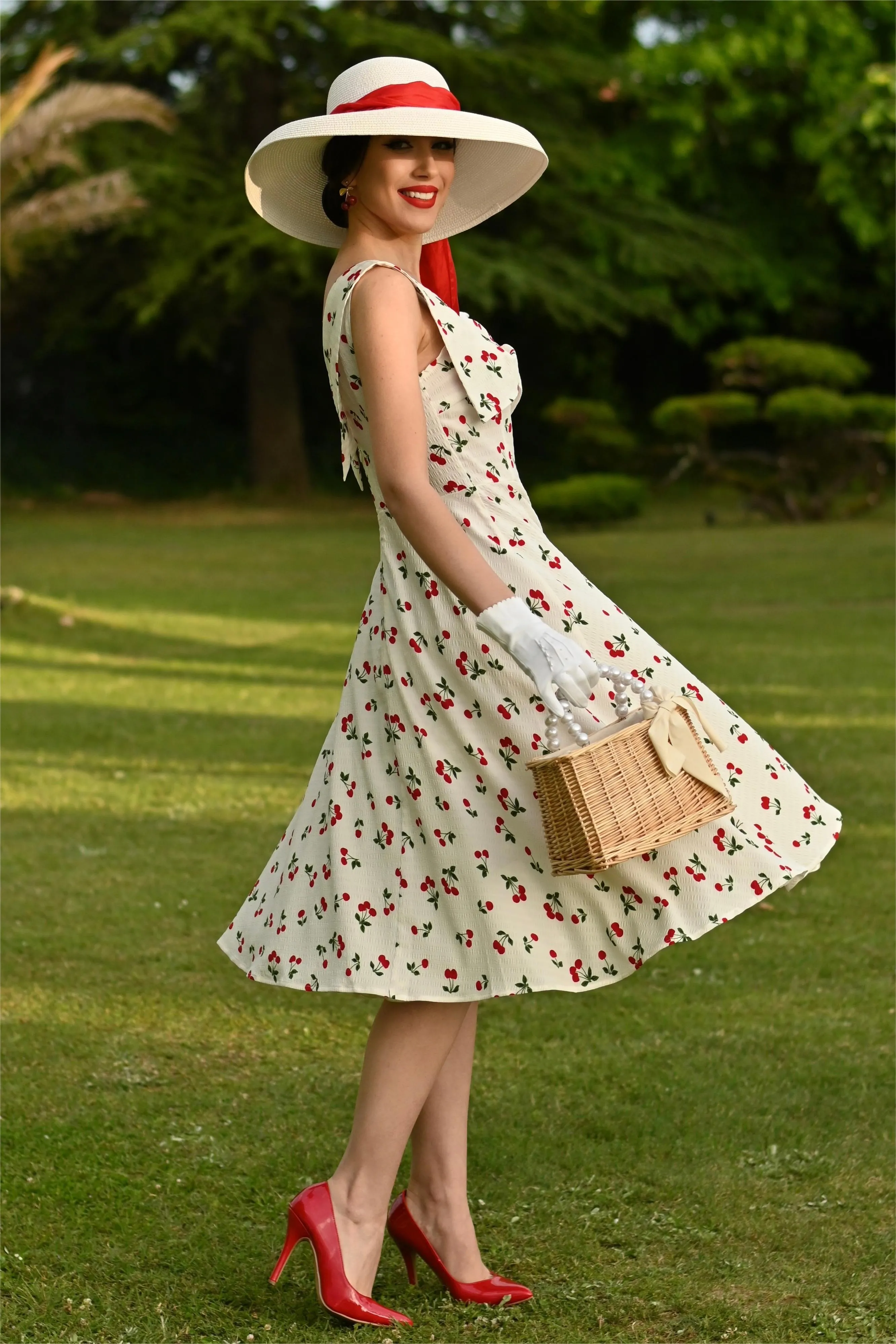 White 1950s Cherry Bow Sweetheart Neck Dress sold by Retro Stage product image thumbnail 2