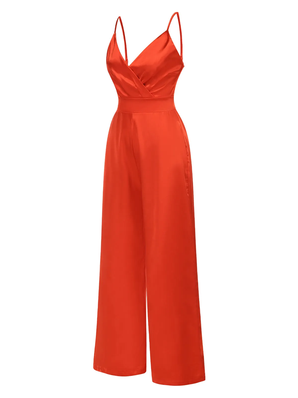Red 1940s Solid Satin V-Neck Spaghetti Straps Jumpsuit sold by Retro Stage product image thumbnail 2