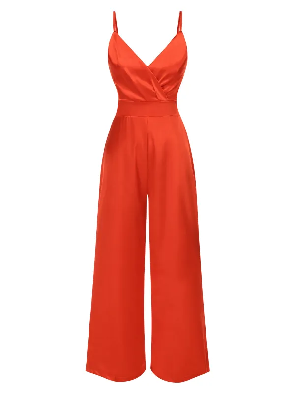 Red 1940s Solid Satin V-Neck Spaghetti Straps Jumpsuit sold by Retro Stage