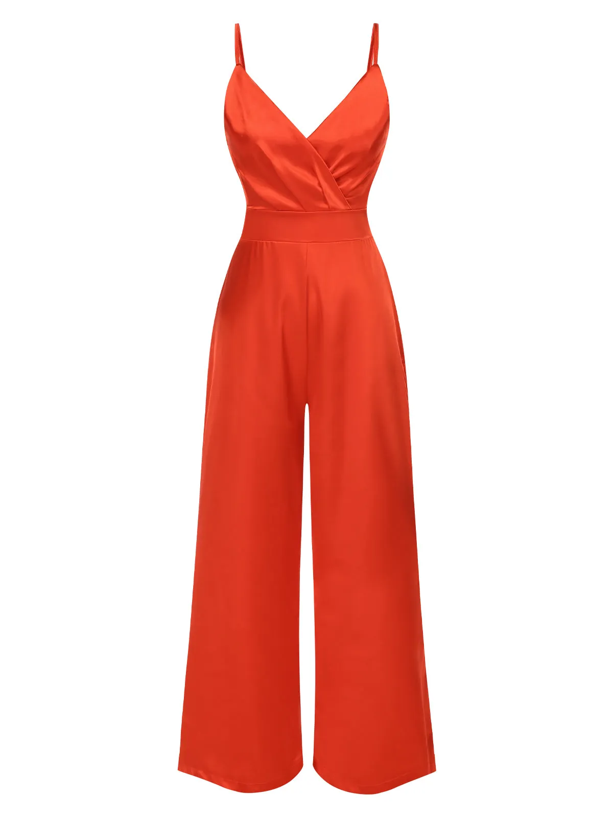 Red 1940s Solid Satin V-Neck Spaghetti Straps Jumpsuit sold by Retro Stage