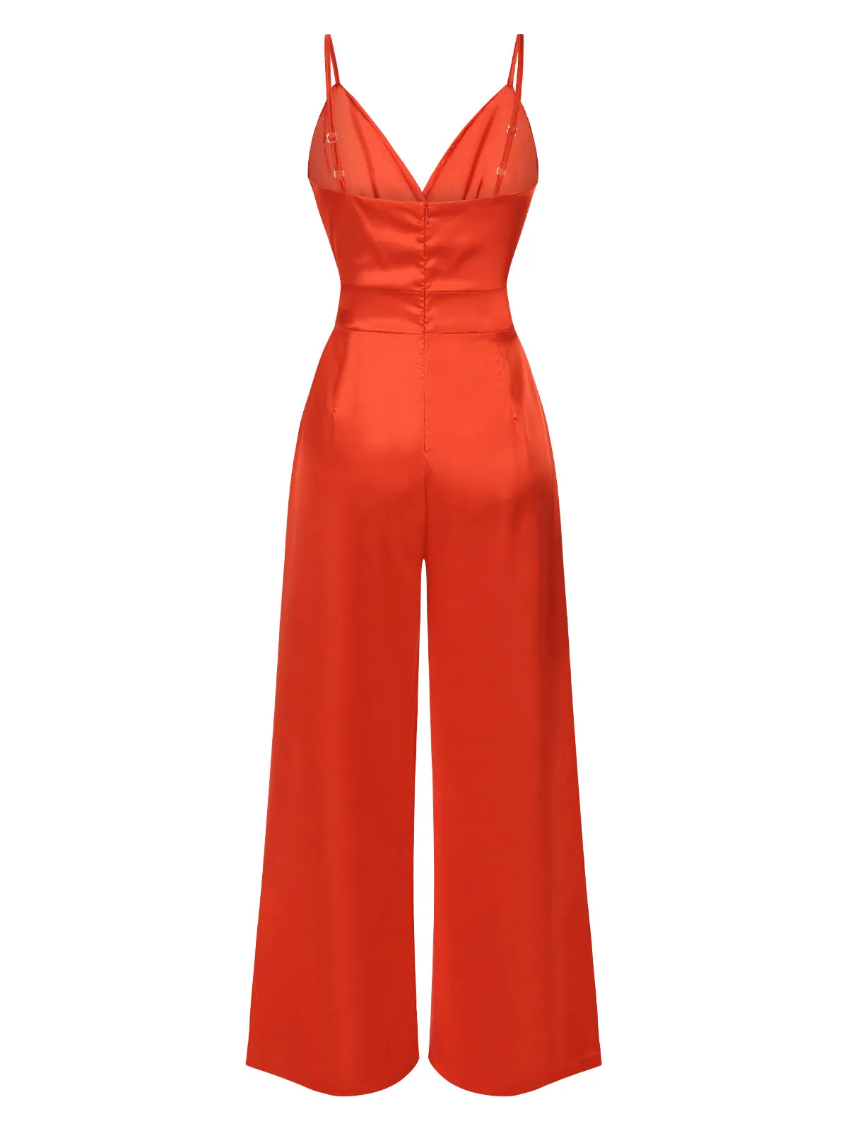 Red 1940s Solid Satin V-Neck Spaghetti Straps Jumpsuit sold by Retro Stage product image thumbnail 3