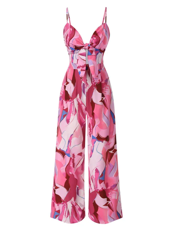 Pink 1970s Strap Psychedelic Print Front-Tie Jumpsuit sold by Retro Stage