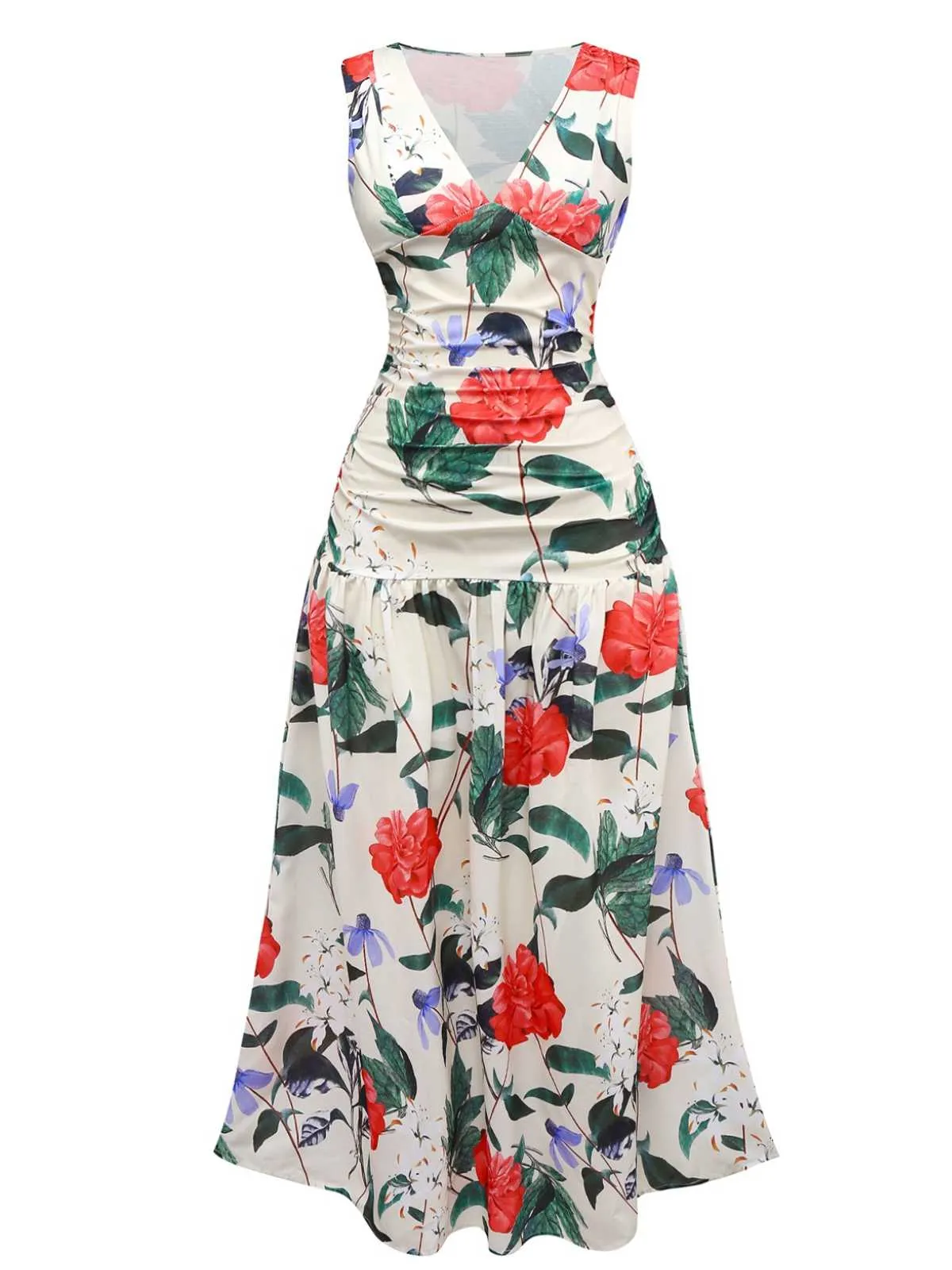 1940s V-Neck Floral Ruched Sleeveless Dress sold by Retro Stage