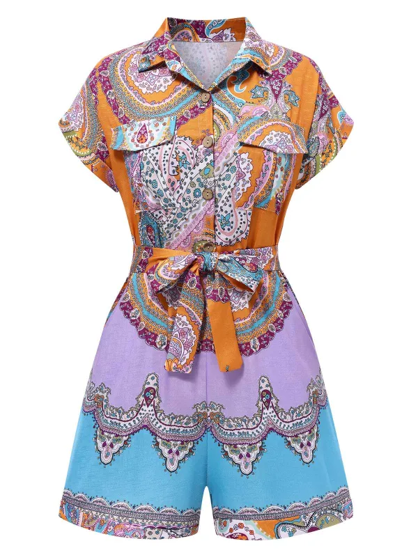 1970s Shirt Neck Paisley Print Belted Romper sold by Retro Stage