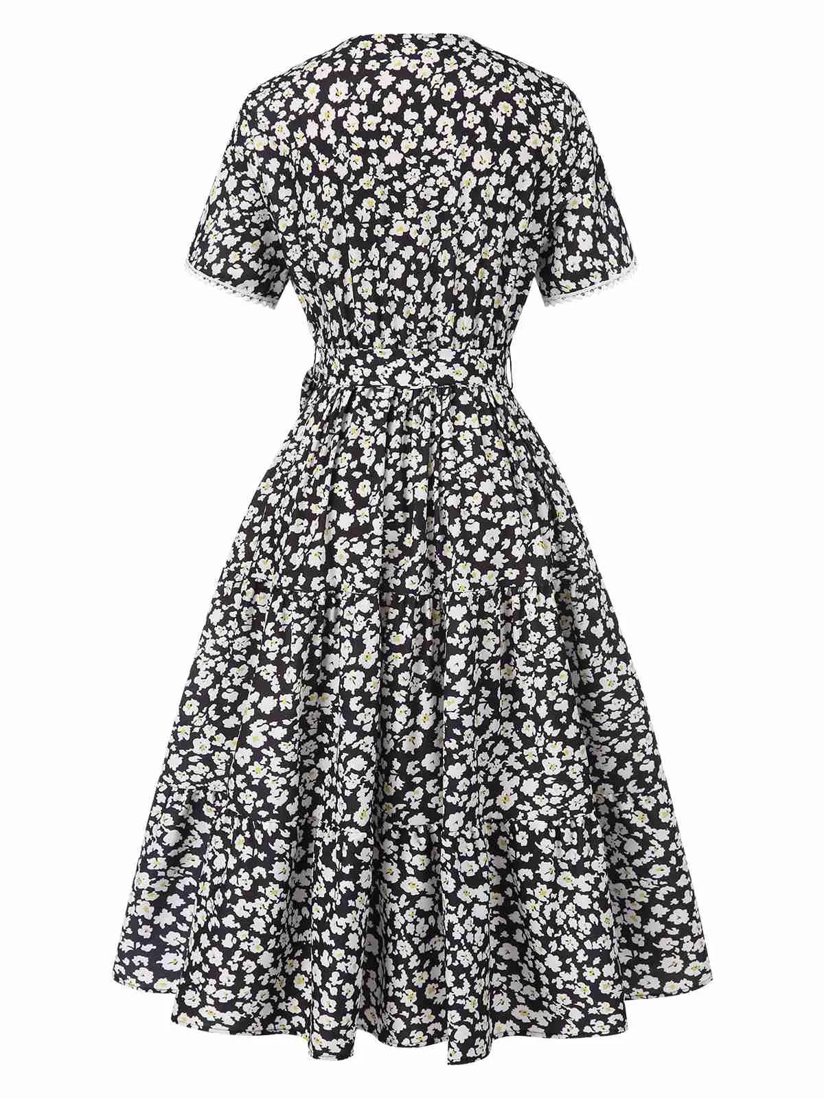Black 1950s Ditsy Floral V-Neck Lace-Up Dress sold by Retro Stage product image thumbnail 2