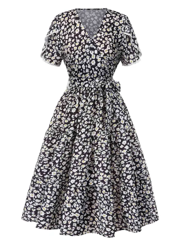 Black 1950s Ditsy Floral V-Neck Lace-Up Dress sold by Retro Stage
