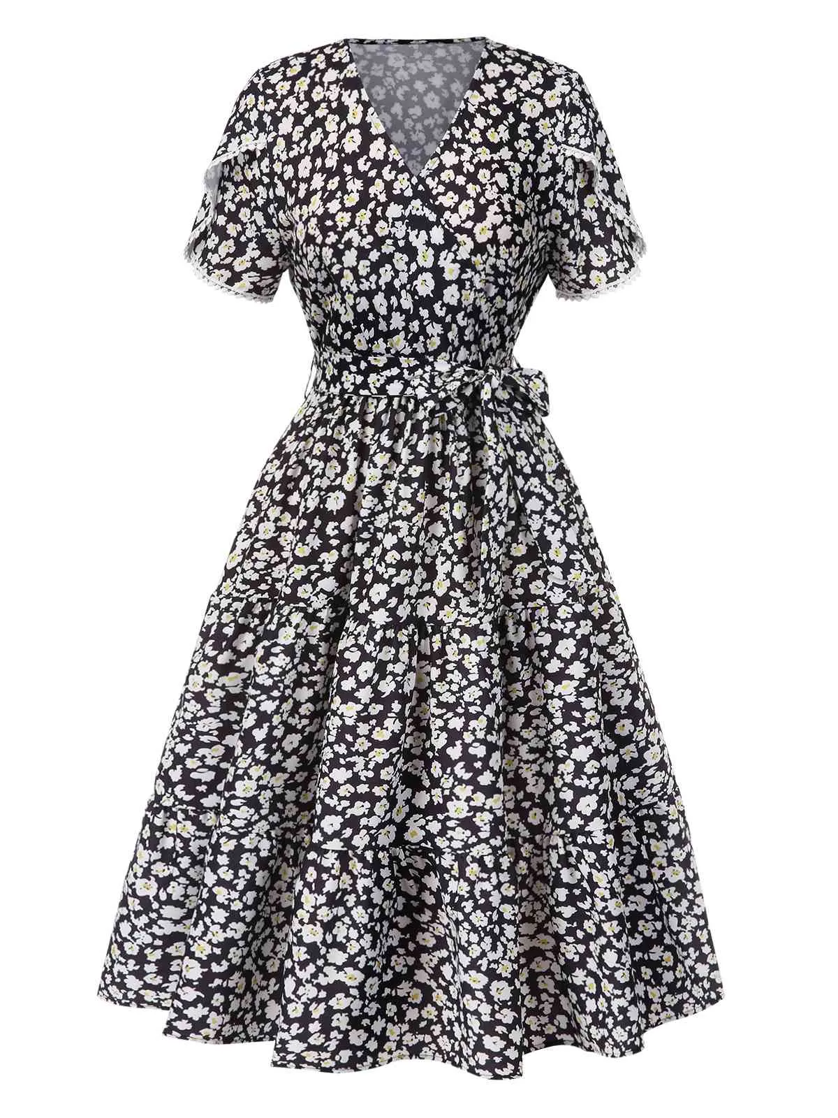 Black 1950s Ditsy Floral V-Neck Lace-Up Dress sold by Retro Stage