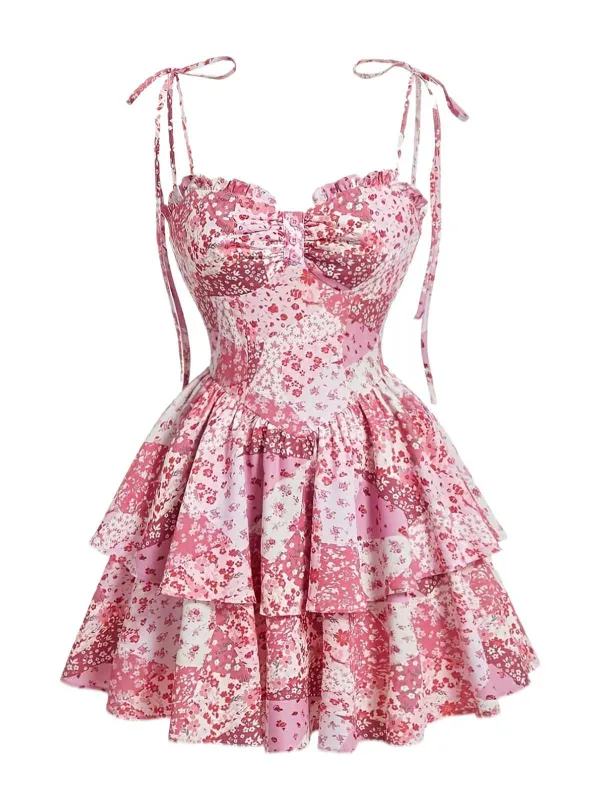 Pink 1980s Spaghetti Strap Ditsy Floral Tiered Dress sold by Retro Stage