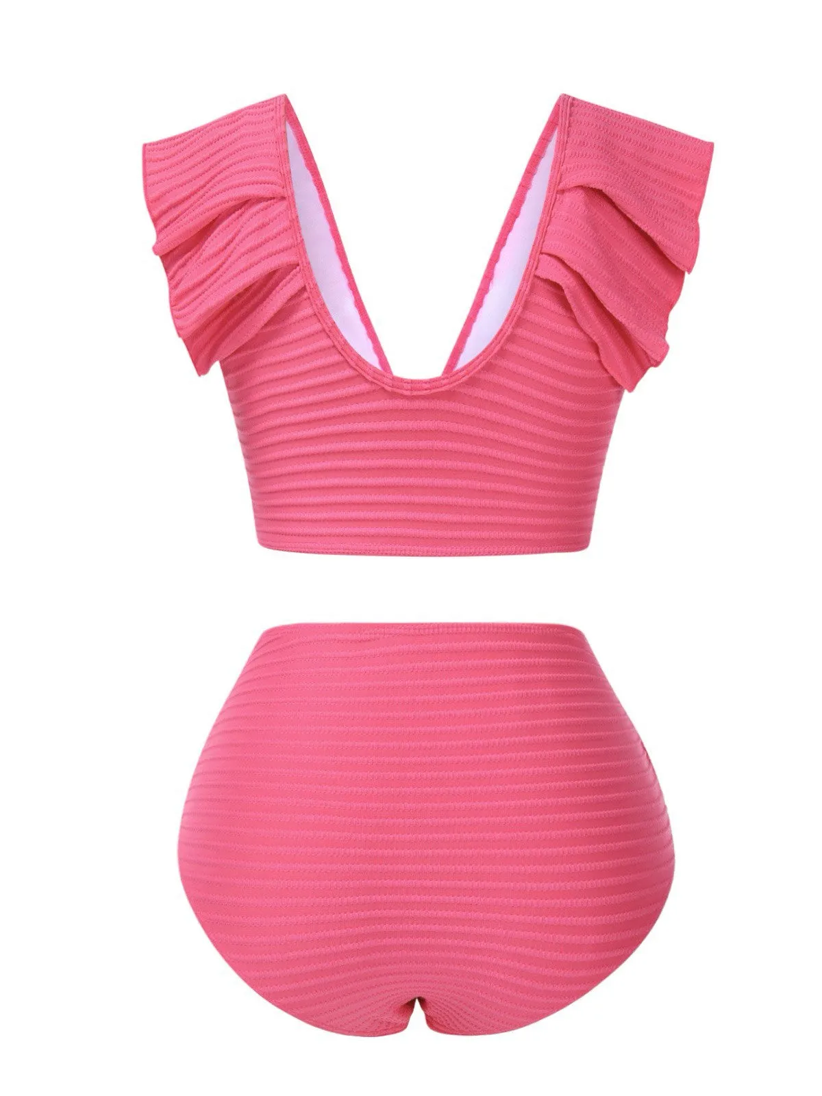 Pink 1940s Solid Ruffles Bow Ruched Bikini Set sold by Retro Stage product image thumbnail 2