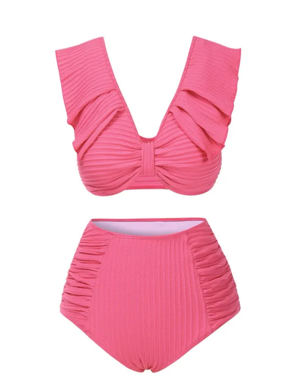 Pink 1940s Solid Ruffles Bow Ruched Bikini Set sold by Retro Stage