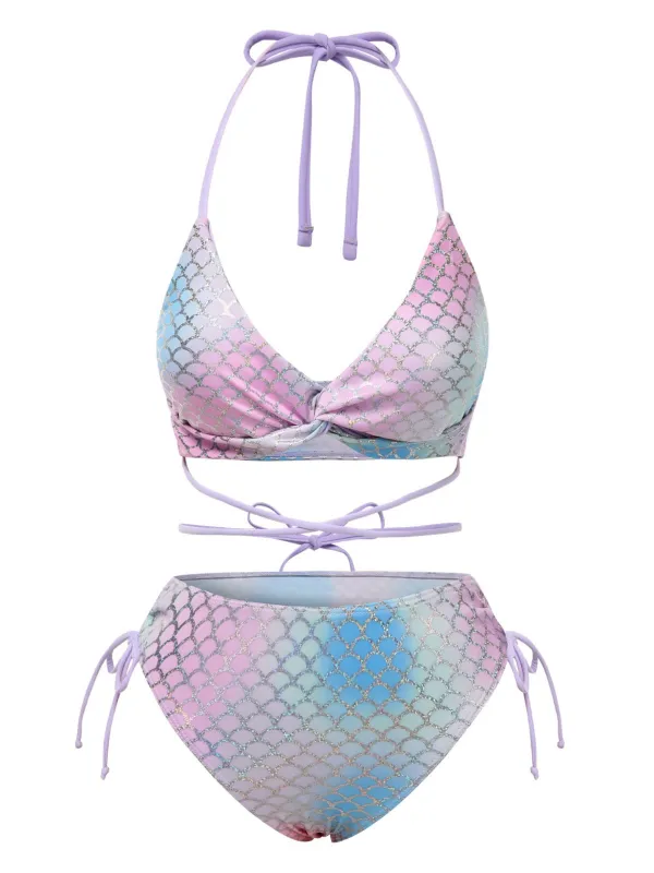 Multicolor 1970s Mermaid Scales Halter Lace-Up Bikini Set sold by Retro Stage