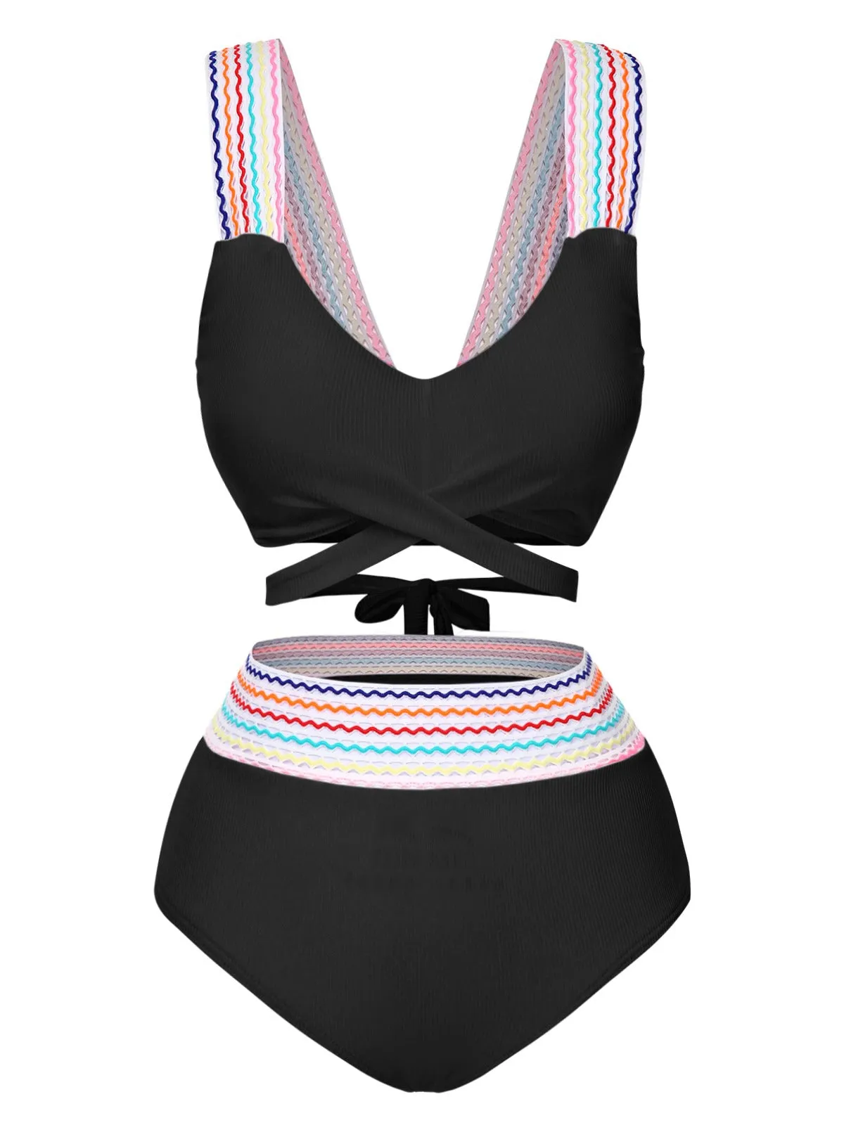 1940s Rainbow Lace-Up Patchwork Strap Bikini Set sold by Retro Stage
