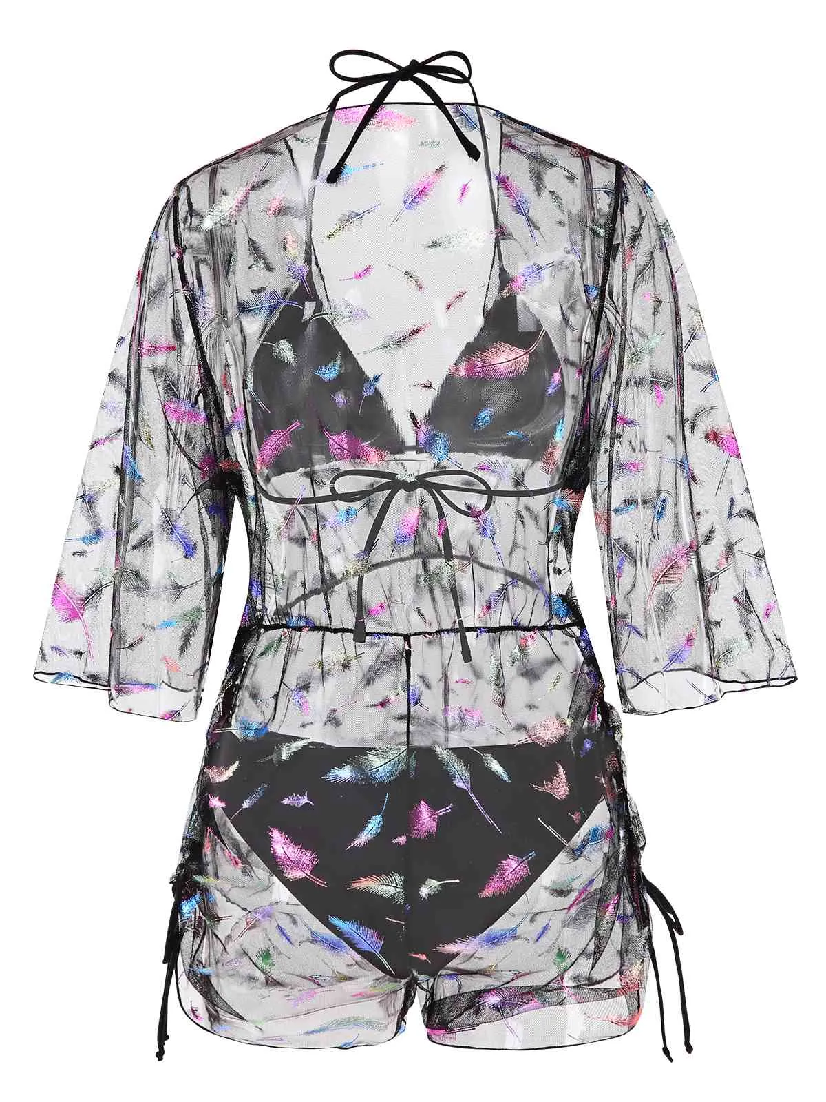 2PCS Black 1940s Lace-Up Feather Print Bikini Set & Cover-Up sold by Retro Stage product image thumbnail 2