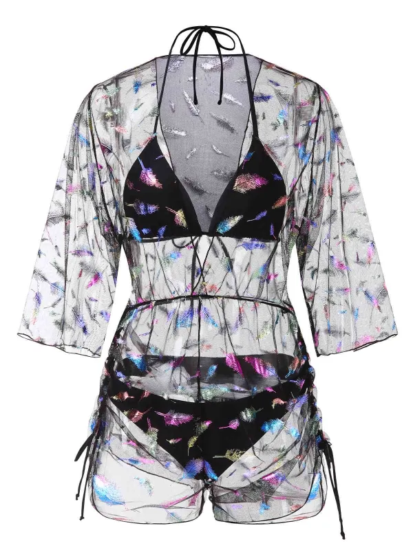 2PCS Black 1940s Lace-Up Feather Print Bikini Set & Cover-Up sold by Retro Stage