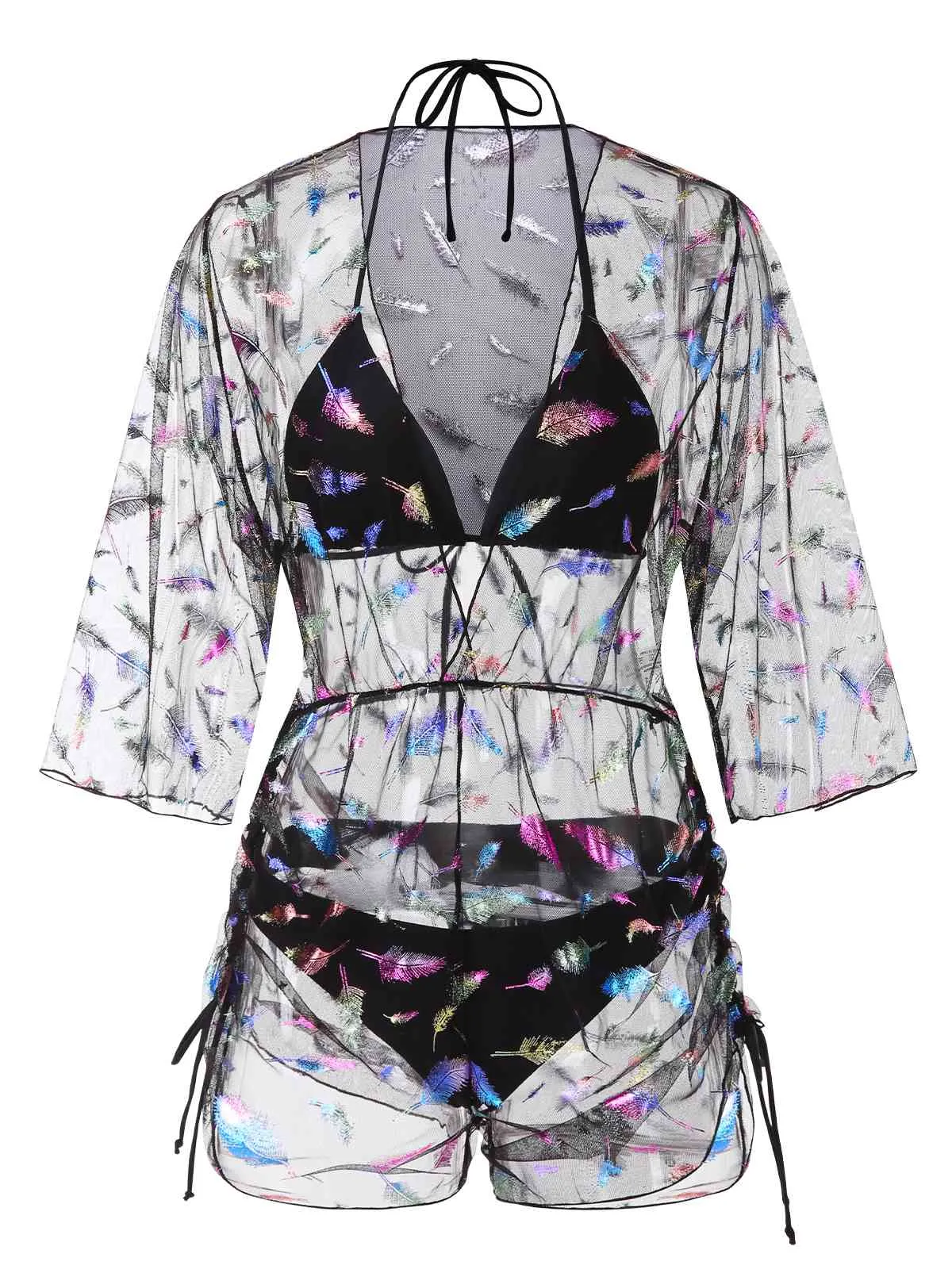 2PCS Black 1940s Lace-Up Feather Print Bikini Set & Cover-Up sold by Retro Stage