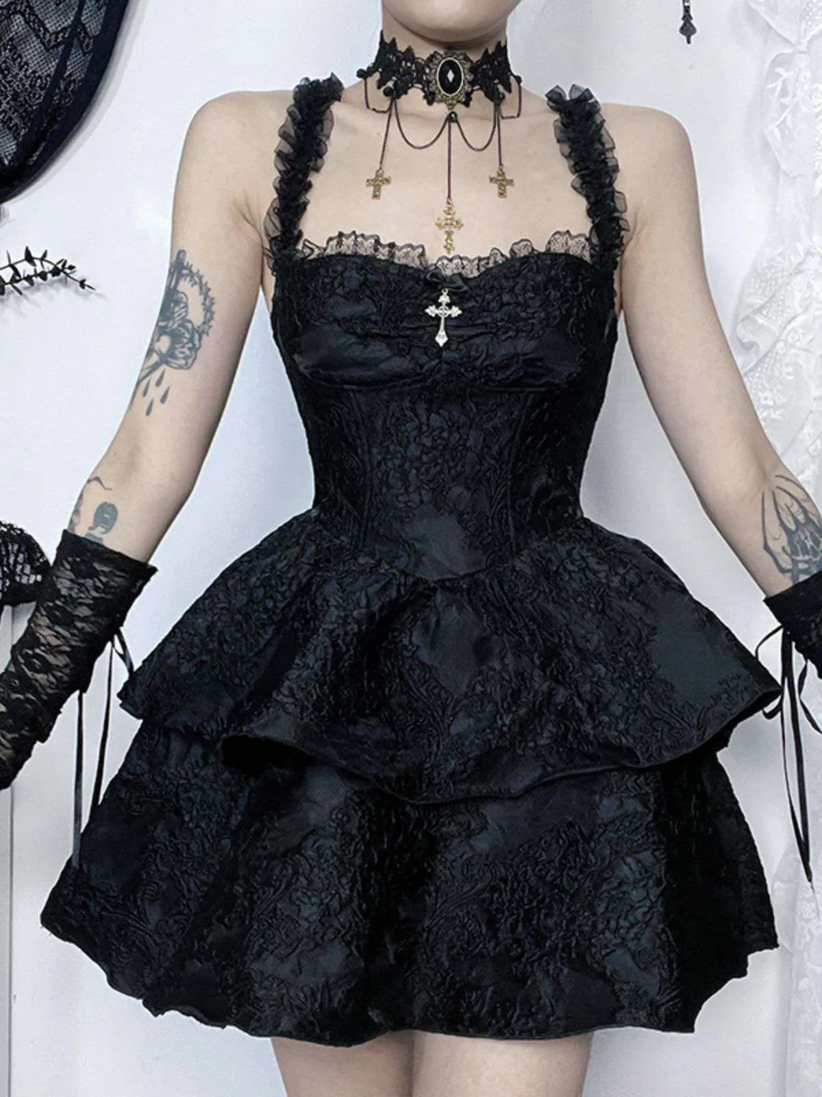 Black 1950s Square Neck Lace Print Cross Bubble Dress sold by Retro Stage product image thumbnail 3