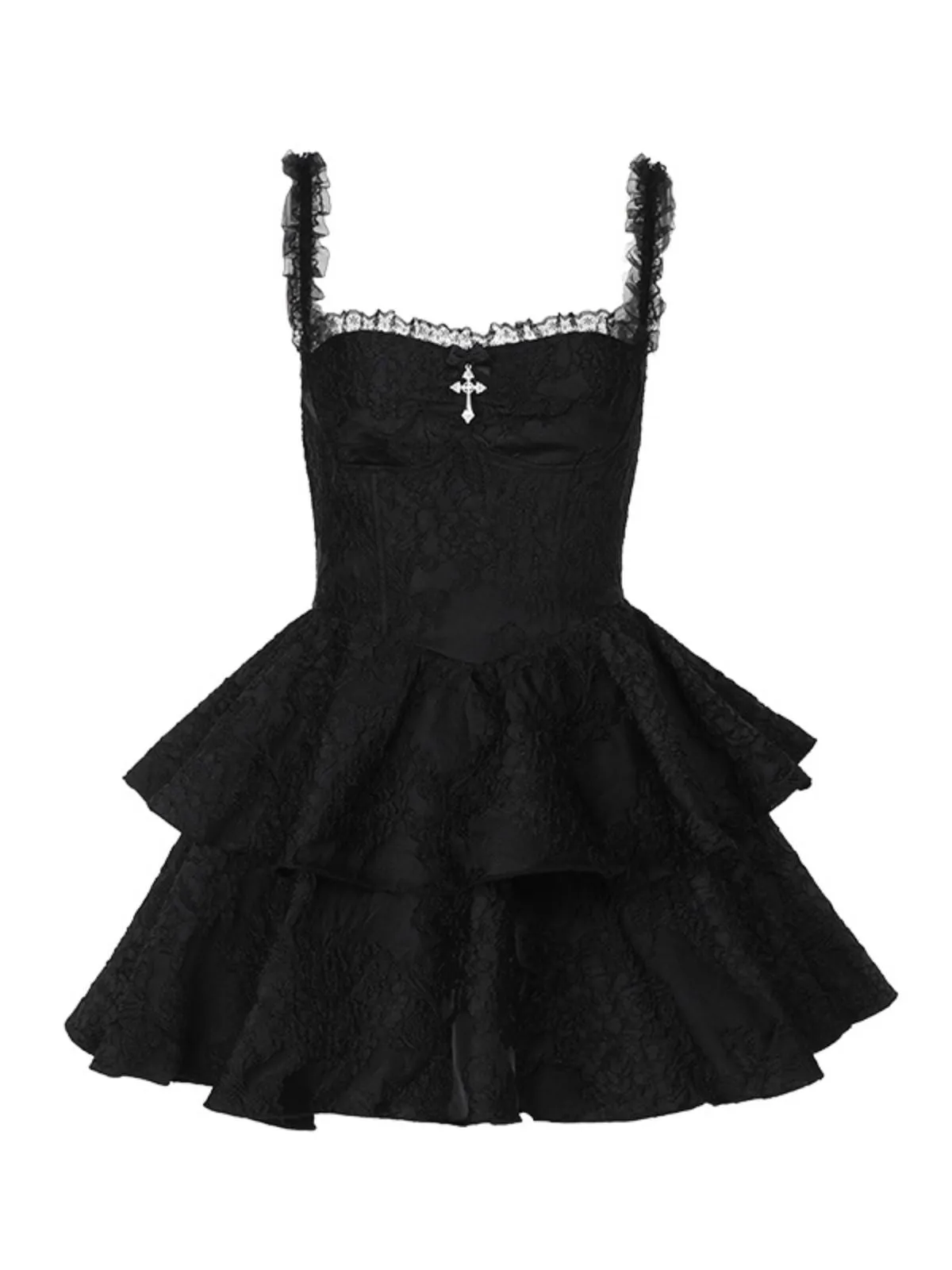 Black 1950s Square Neck Lace Print Cross Bubble Dress sold by Retro Stage