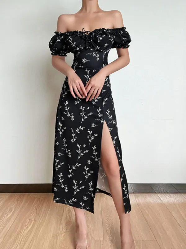Black 1960s Side Slit Ditsy Floral Off-Shoulder Dress sold by Retro Stage